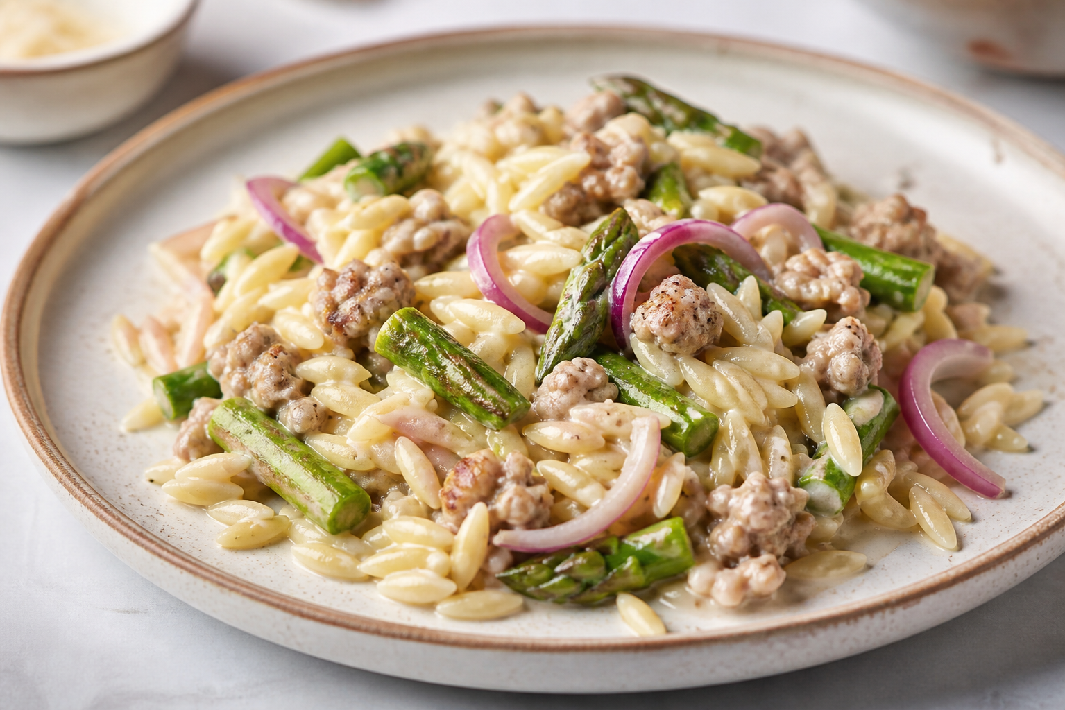 Orzo exprés de limón con pavo especiado, espárragos y crema rápida de parmesano