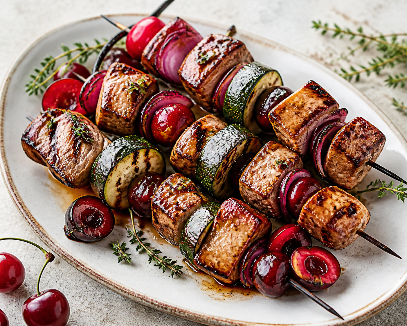 Brochetas de cerdo a la parrilla con calabacín, cerezas y adobo de pimentón, balsámico y tomillo