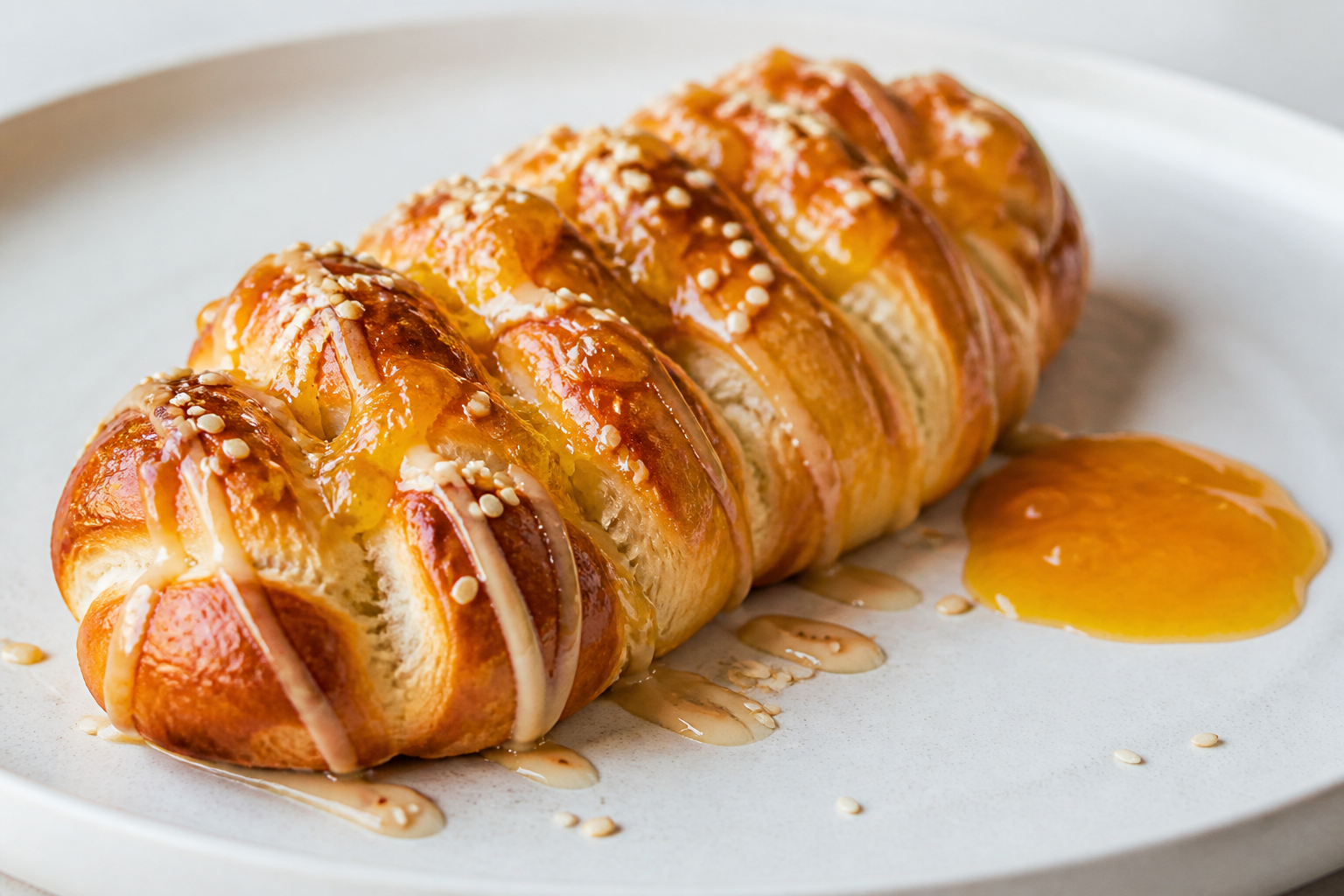 Trenza de Panadería con Mantequilla de Chabacano Dorado, Tahini Dulce y Ajonjolí Tostado