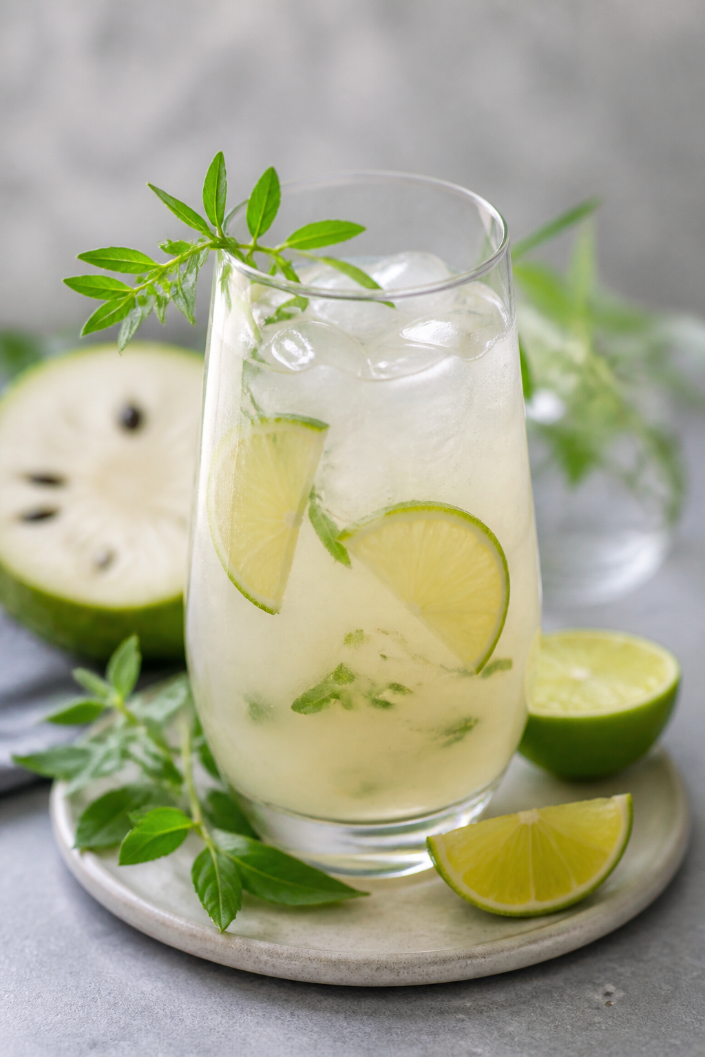 Iced soursop, lime, and white tea soda with fresh lemon verbena