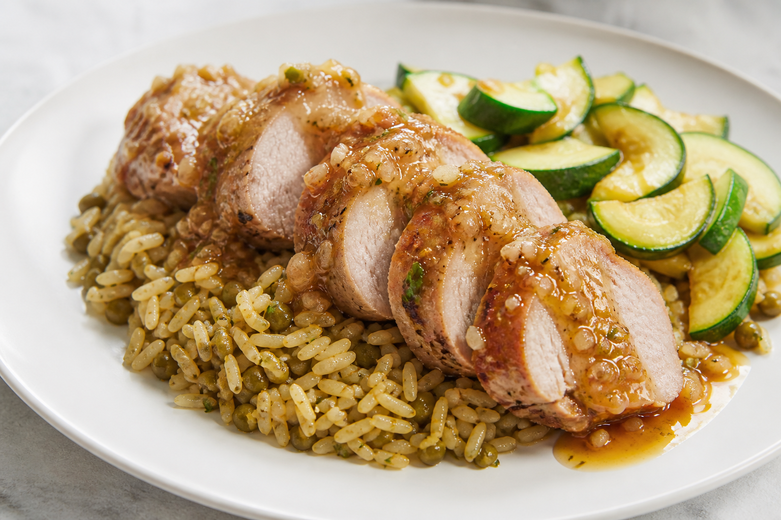 Lomitos Caribeños de Cerdo con Salsa de Acerola y Coco Tostado, sobre Arroz de Gandules Verdes y Calabacín Salteado