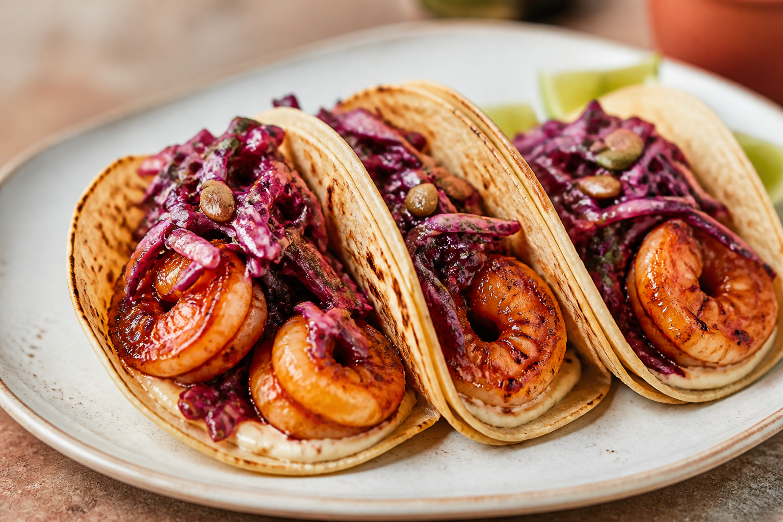 Tacos de camarón al achiote de guayaba con crema de frijol blanco y ensalada de col morada y pepita