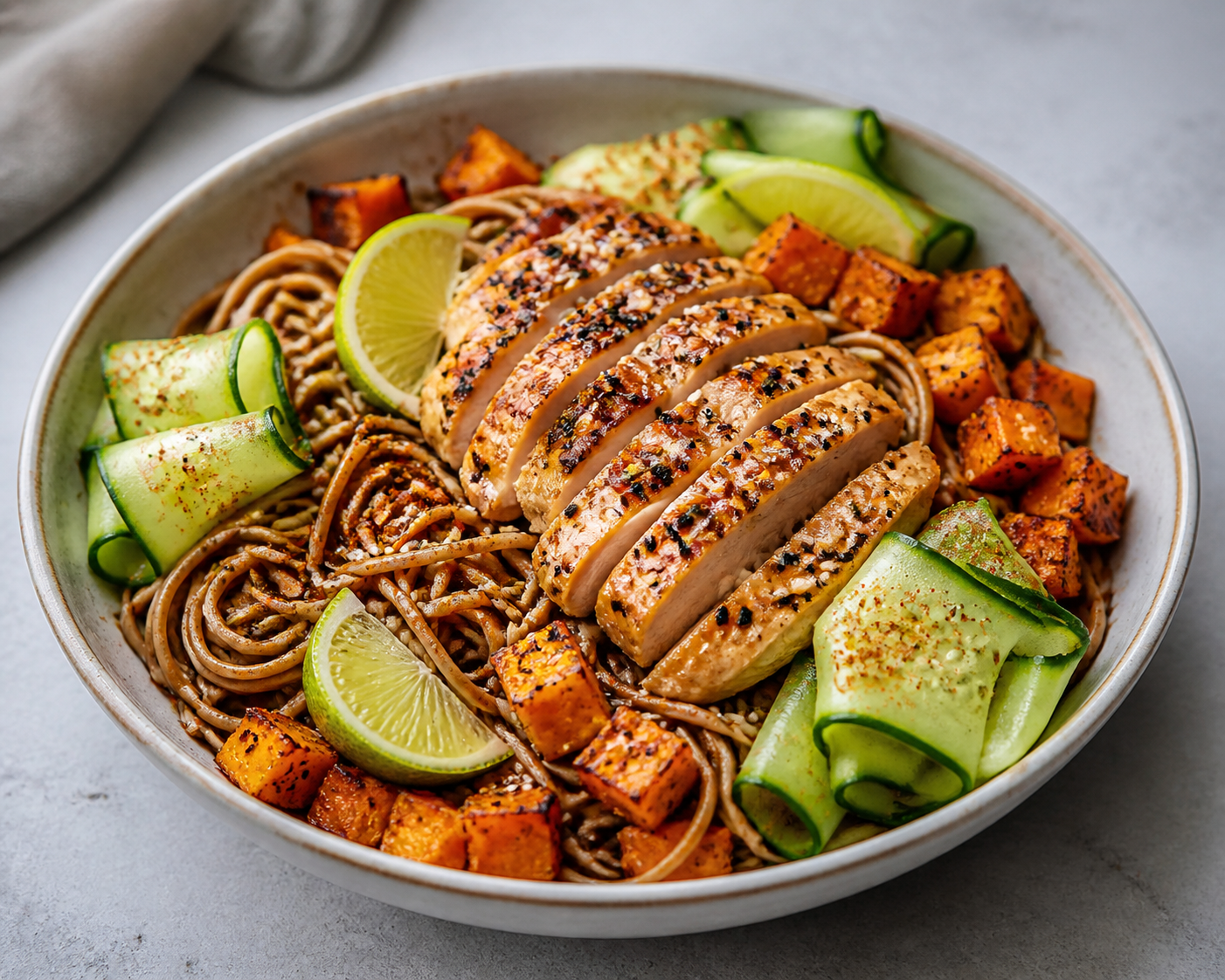 Fideos soba salteados con pollo al glaze de tamari y sésamo, calabaza asada al shichimi y pepino con lima