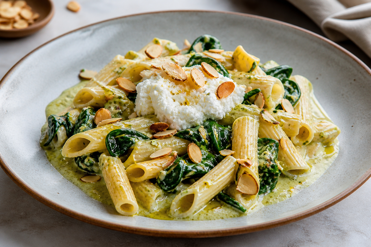 Garganelli con crema de puerro asado, espinaca al limón, ricotta batida y almendra tostada