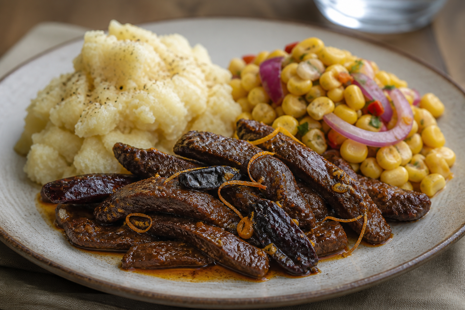 Tiras de res al adobo de chile morita y naranja con puré rústico de yuca y ensalada tibia de maíz y cebolla morada