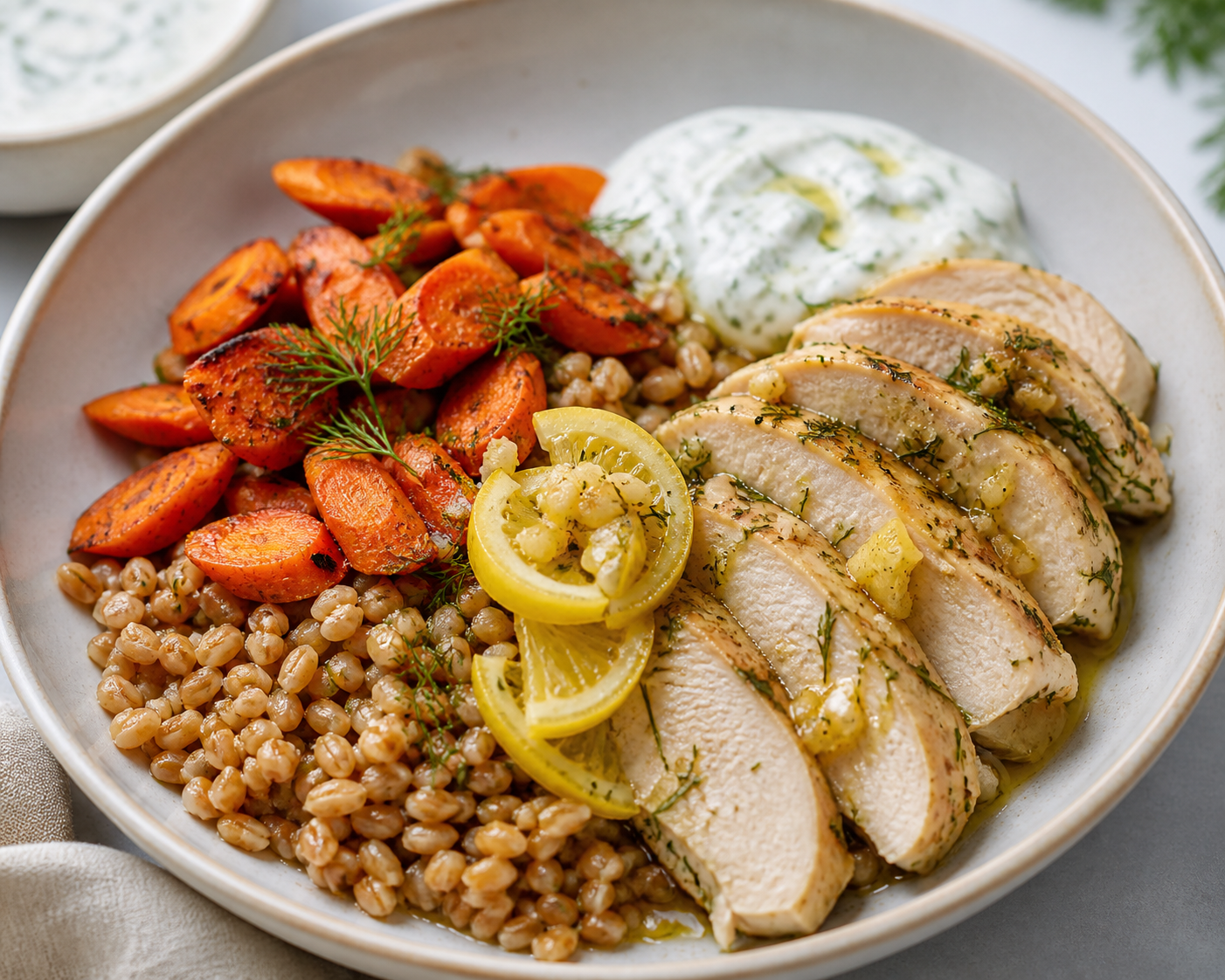Tazón de pollo al limón confitado con trigo tierno, zanahorias especiadas y salsa cremosa de feta y eneldo
