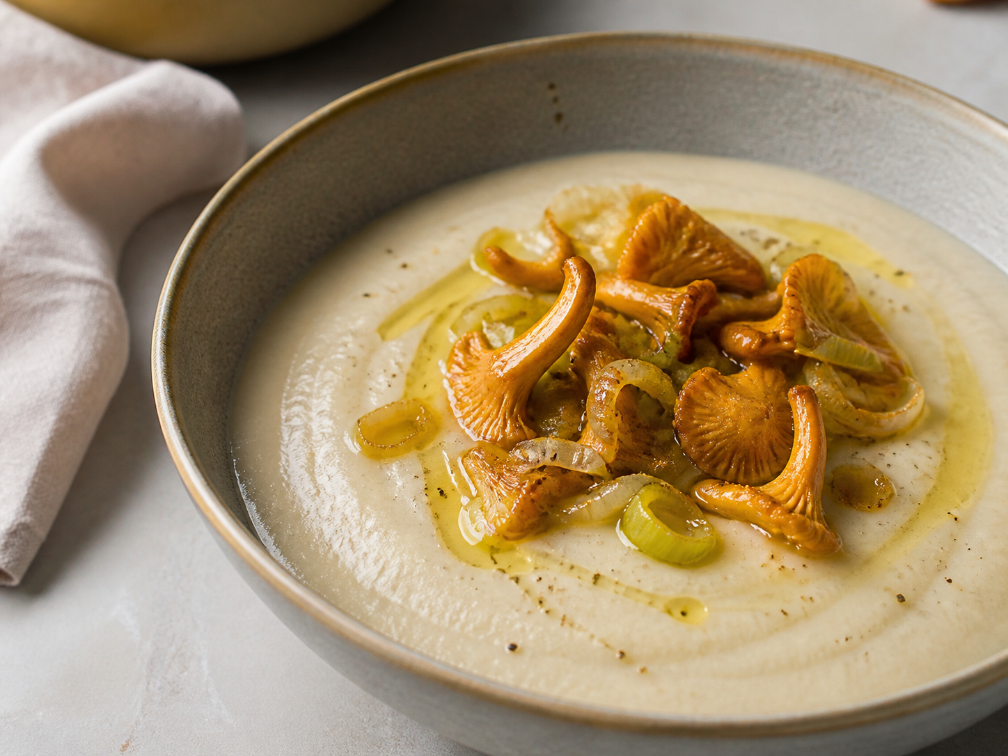 Sopa aterciopelada de nabo, puerro y avena con setas doradas al limón