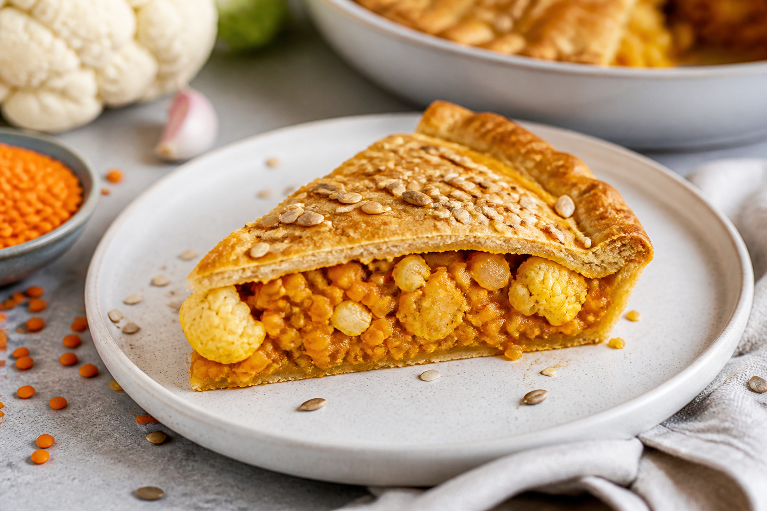 Pastel tibio de lentejas rojas y coliflor al curry suave con costra de yogur, limón y semillas