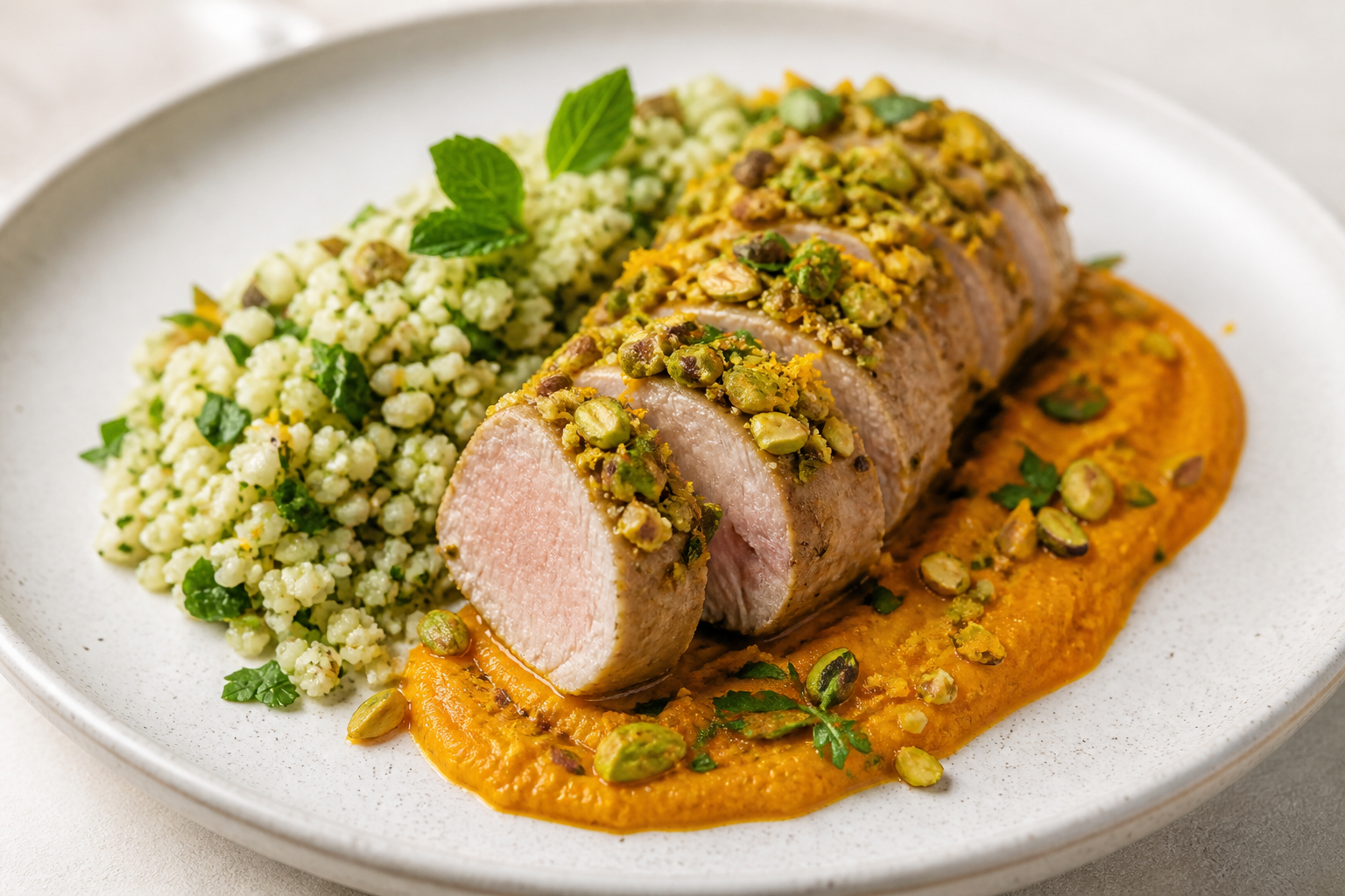 Solomillo de Cerdo con Costra de Pistacho y Naranja, Salsa de Zanahoria Asada al Comino y Cuscús de Coliflor con Menta