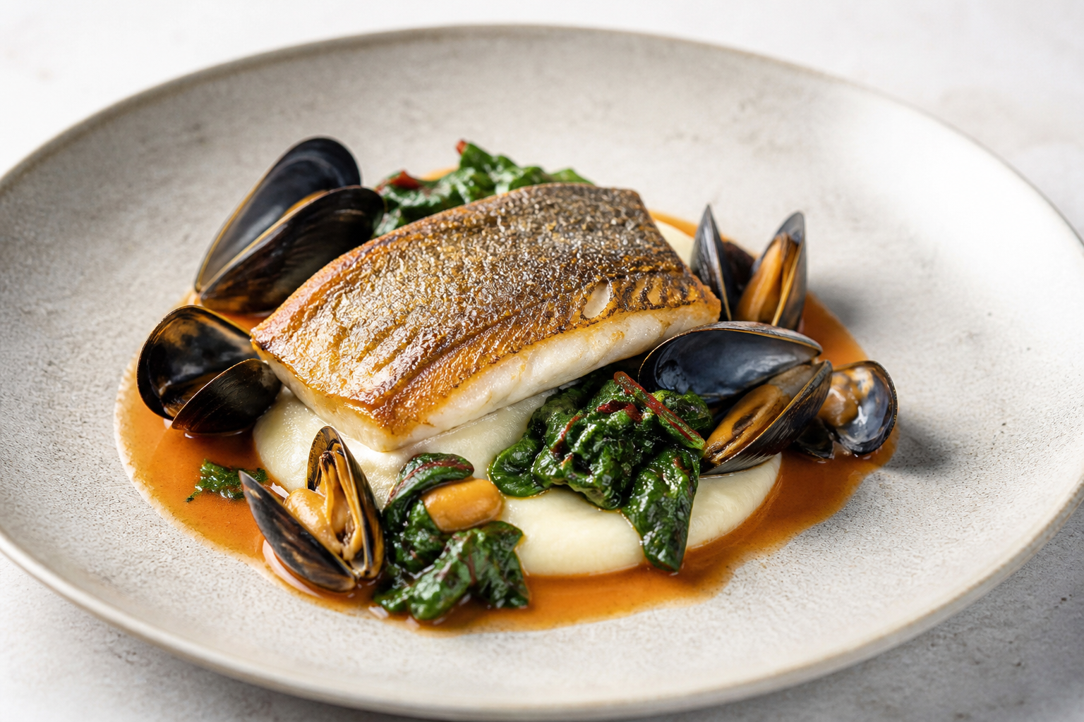 Crispy Sea Bass with Mussels in Red Vermouth, Parsnip Cream, and Sautéed Chard