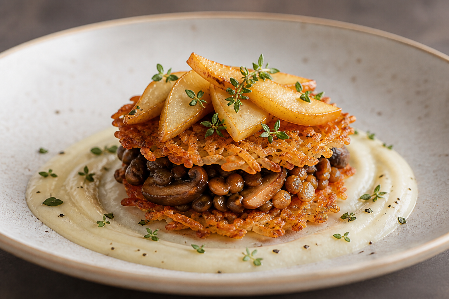 Crispy brown rice nests with mushroom-lentil ragout, thyme kohlrabi cream and sautéed pears