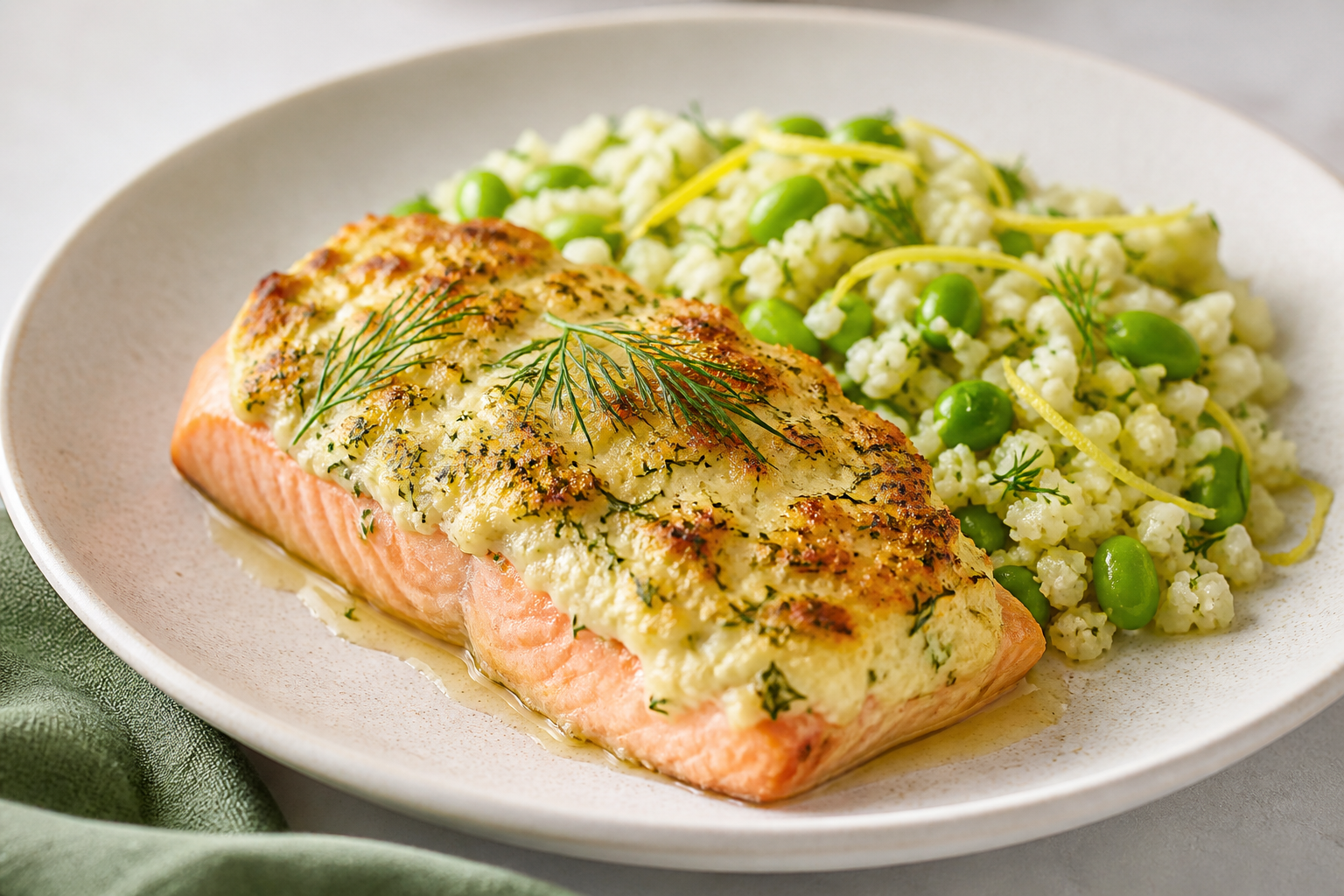 Salmón en Costra de Requesón y Eneldo con Pilaf de Edamame y Coliflor al Limón