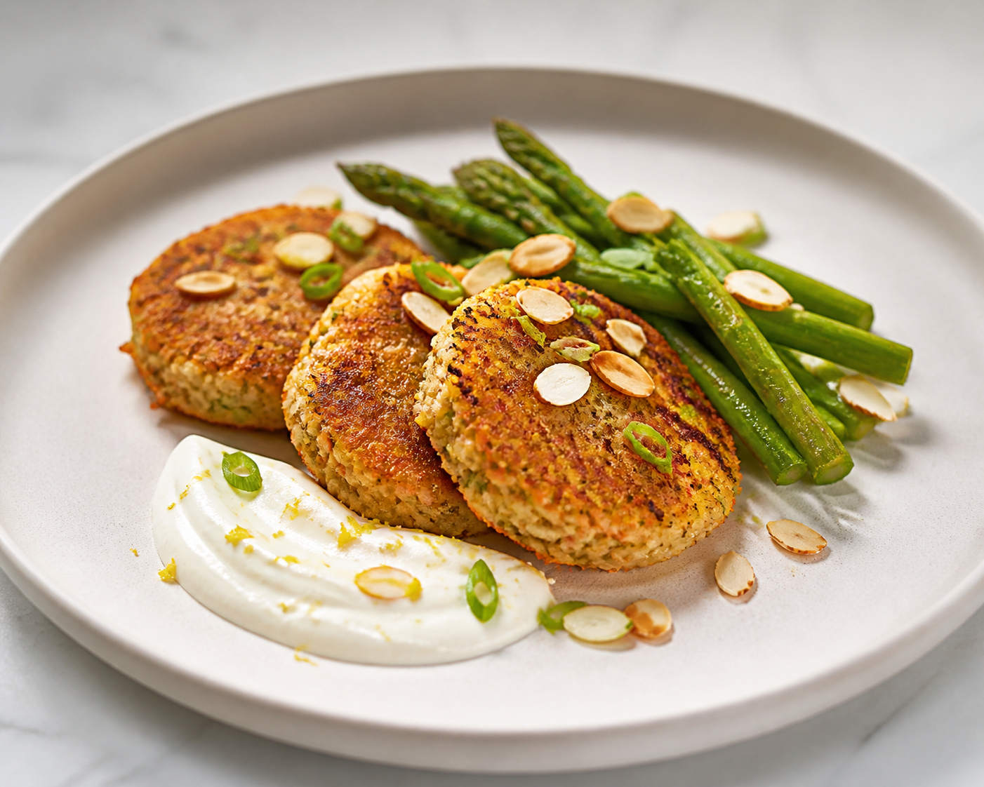 Jasmine Rice and Carrot Cakes with Lemon Yogurt Cream, Sautéed Asparagus and Toasted Almonds