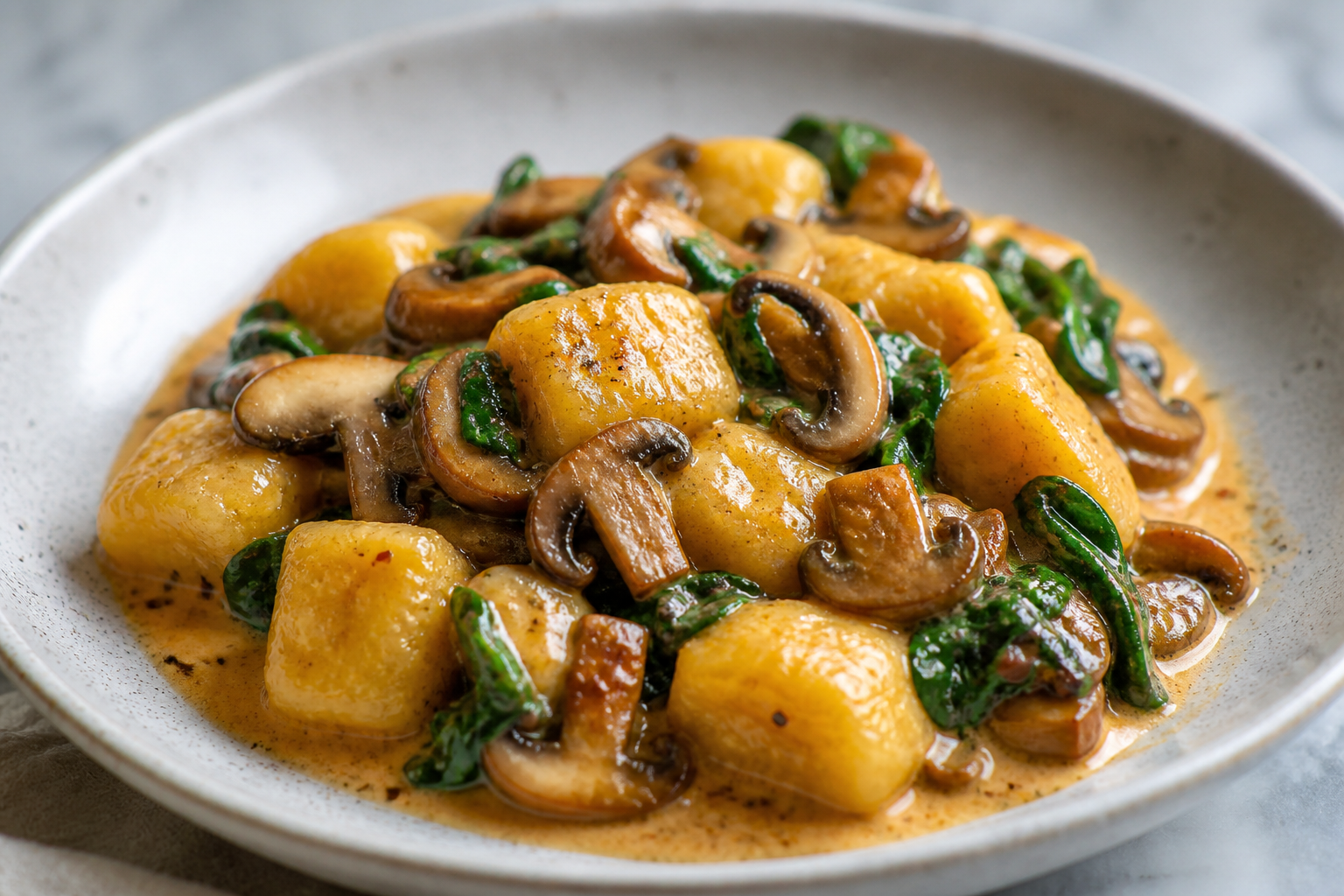 Golden Cassava Gnocchi with Garlicky Mushrooms, Sautéed Spinach and Smoked Pepper Cream