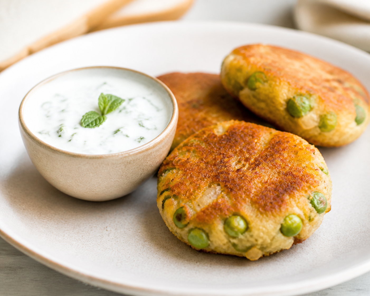 Budget Soaked Bread, Pea and Onion Patties with Warm Yogurt Mint Sauce