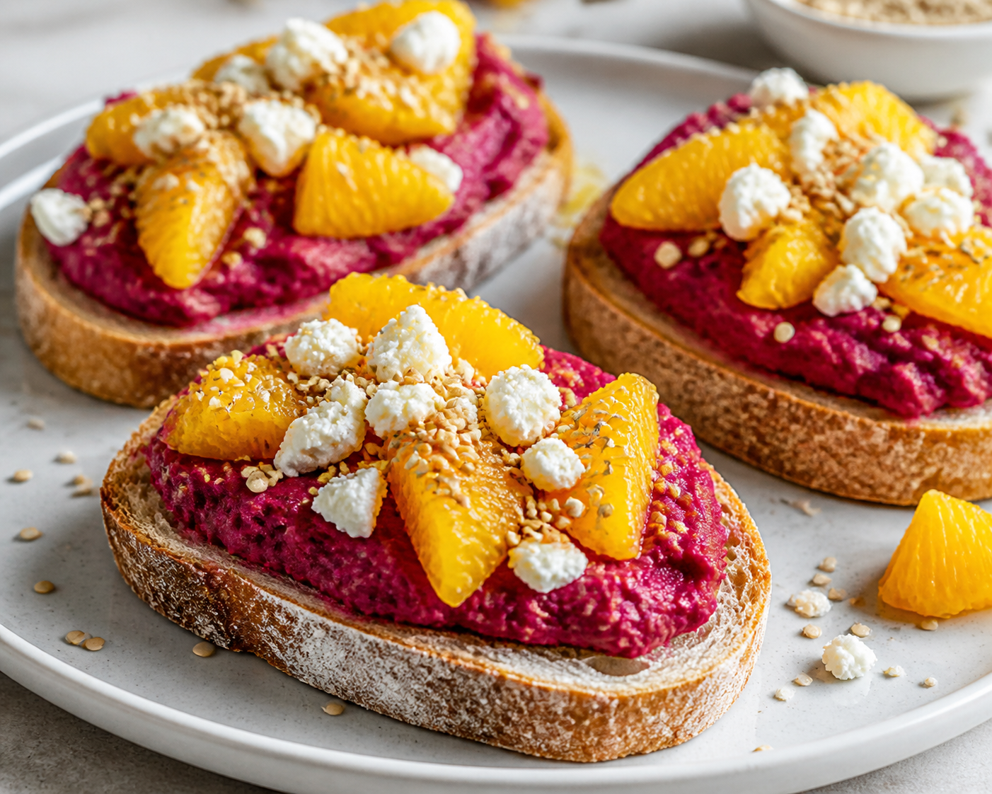 Tostadas exprés de hummus de remolacha con naranja, feta y sésamo crujiente