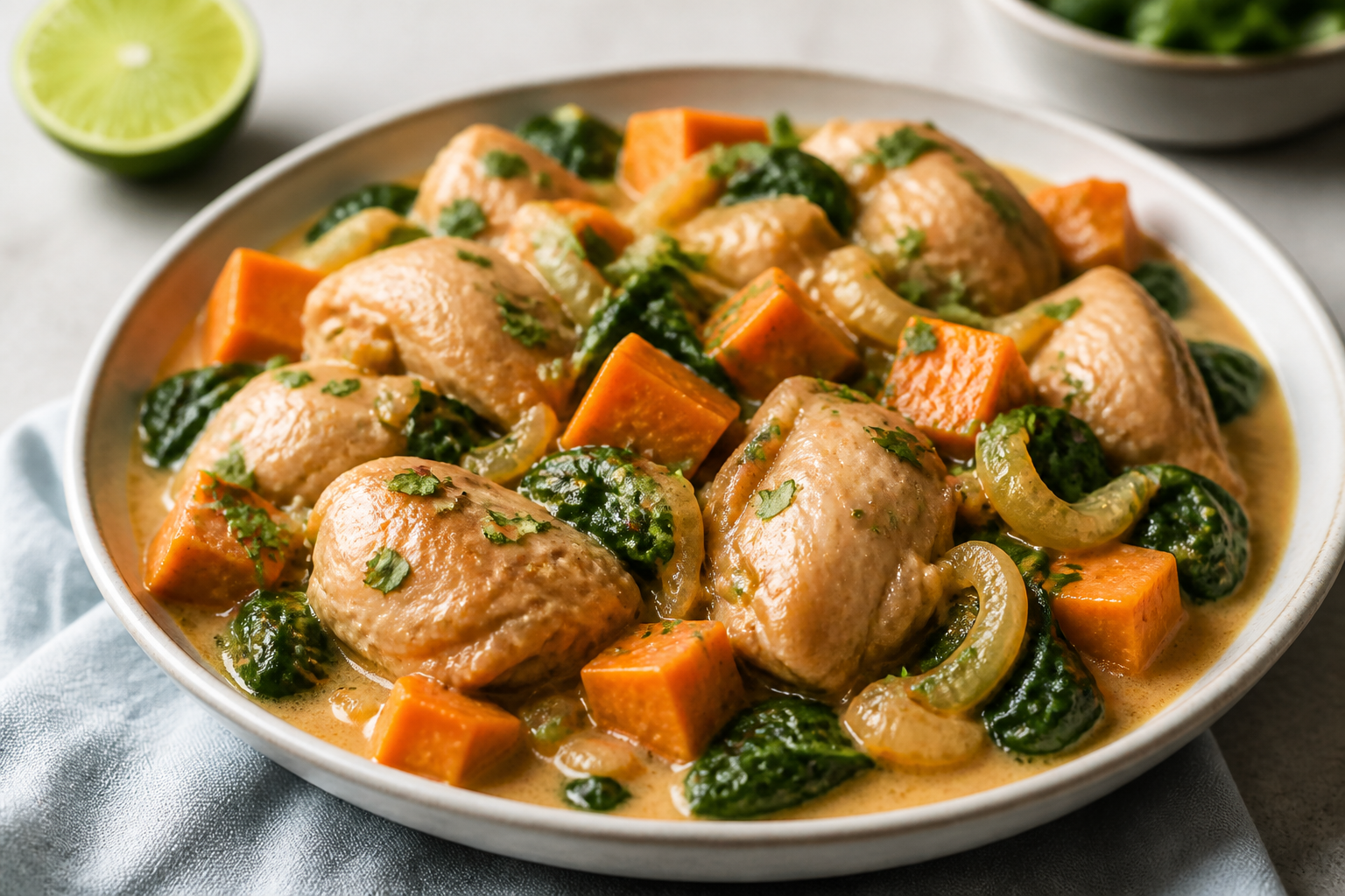 Pollo en slow cooker con boniato, espinacas y salsa suave de coco, lima y cacahuete