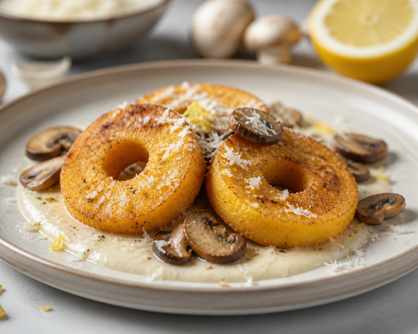 Coronas crujientes de champiñón y polenta en Air Fryer con crema de parmesano y limón