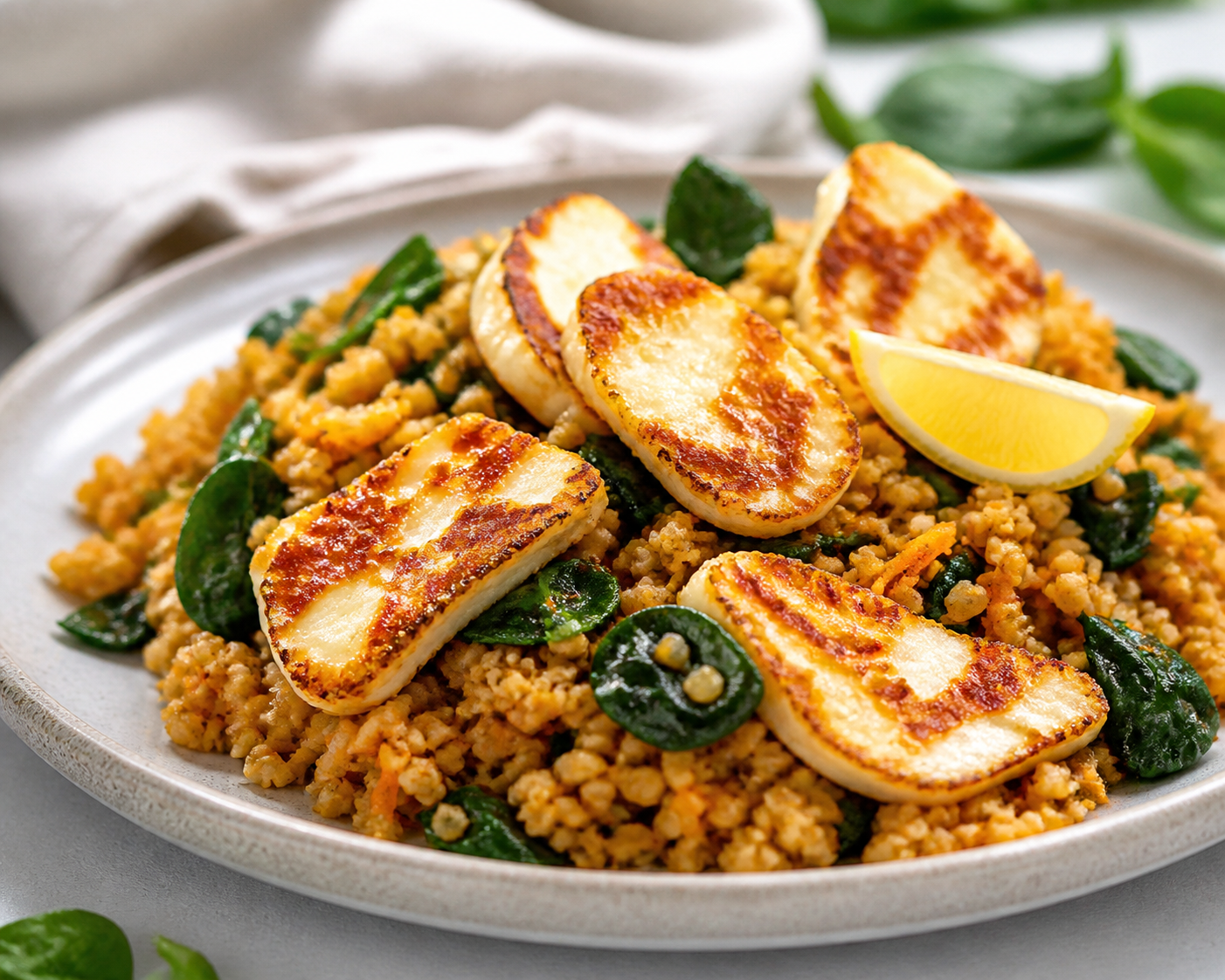 Bulgur exprés de zanahoria al comino con halloumi dorado, espinaca y limón