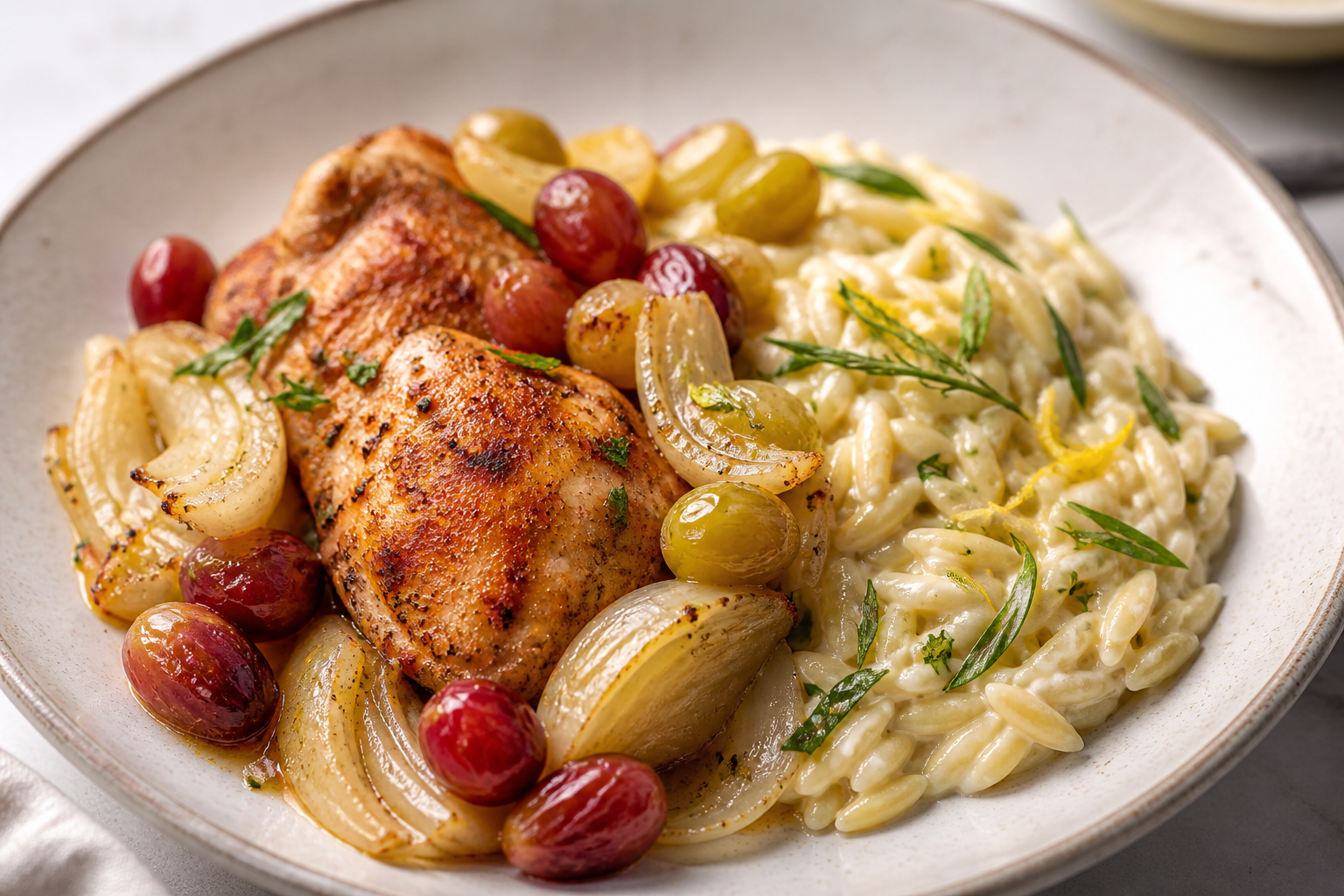 Instant Pot Chicken with Grapes, Fennel and Creamy Lemon Tarragon Orzo