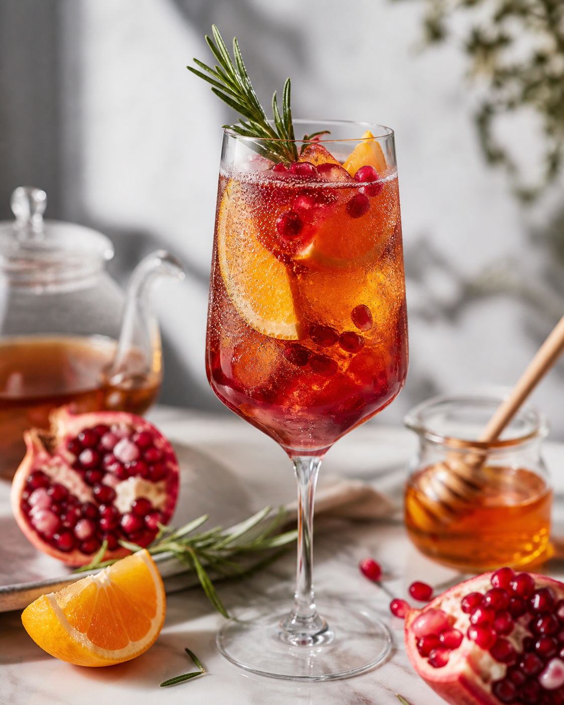 Soda fría de granada, naranja y té earl grey con romero mielado