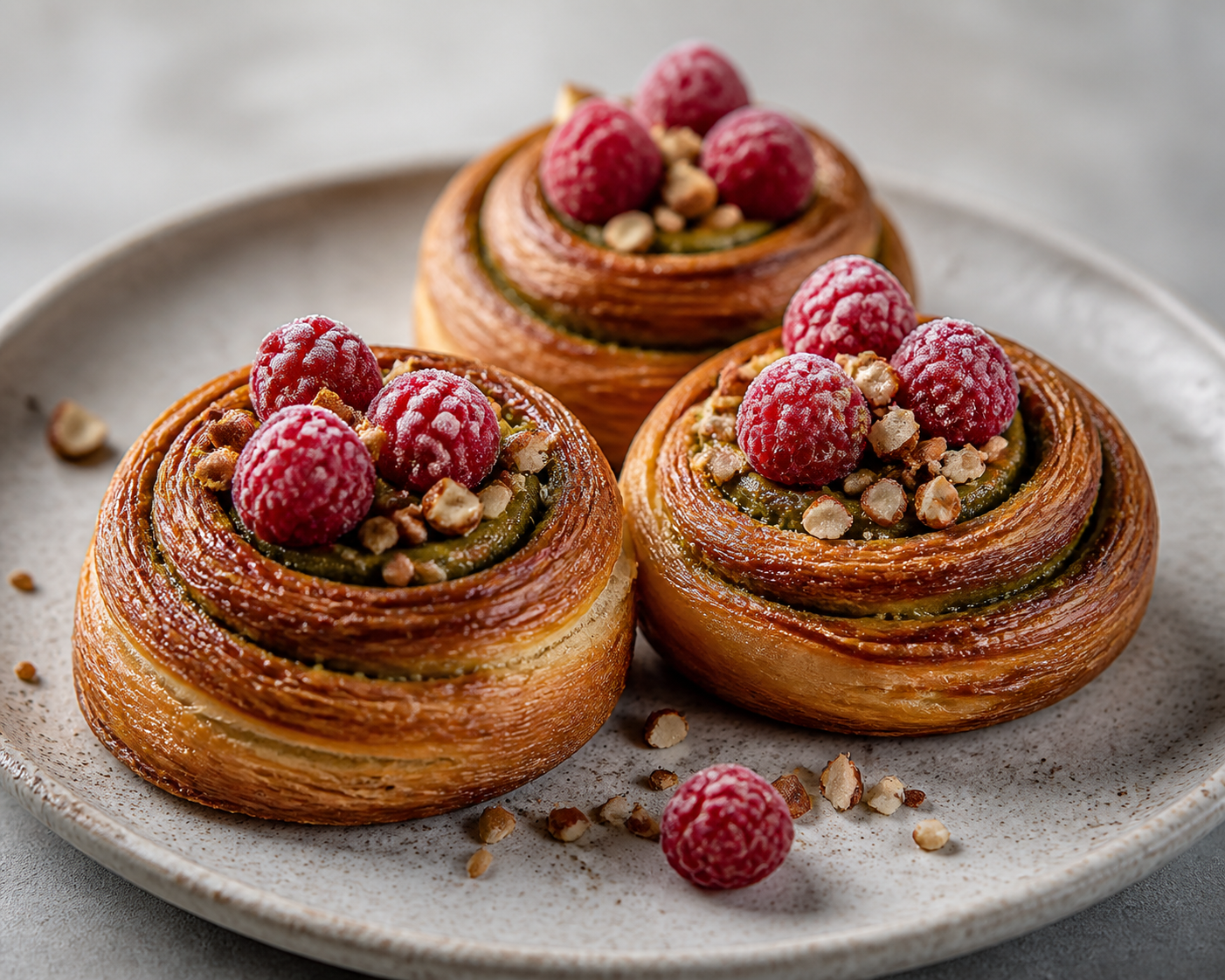 Espirales de Panadería con Mantequilla de Matcha, Frambuesa y Almendra Crujiente
