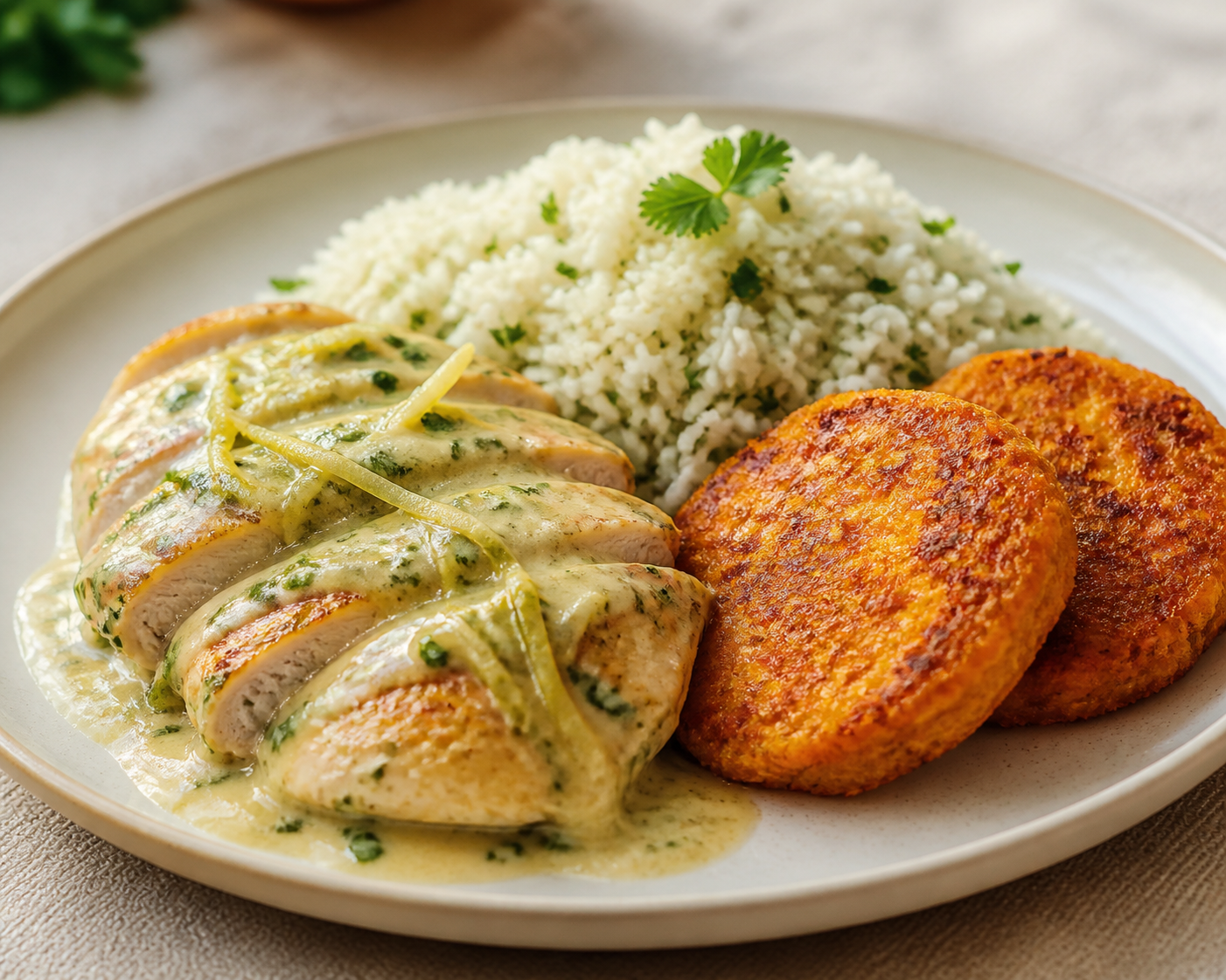 Pechugas Caribeñas de Pollo con Salsa de Mango Verde y Coco, sobre Arroz de Cilantro y Tortitas de Batata Dorada