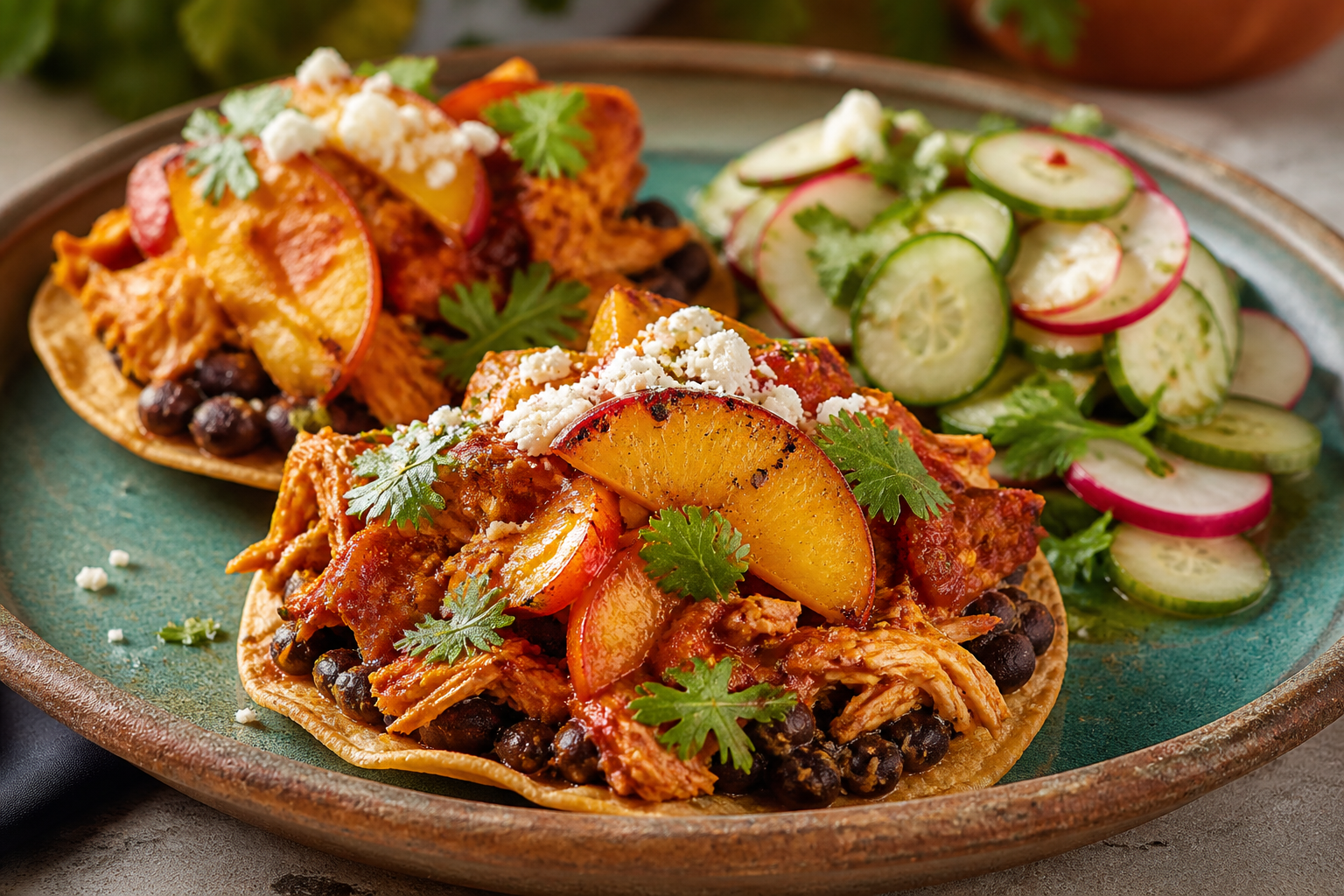 Tostadas de pollo al chile guajillo y durazno asado con frijol negro al epazote y ensalada de pepino con rábano