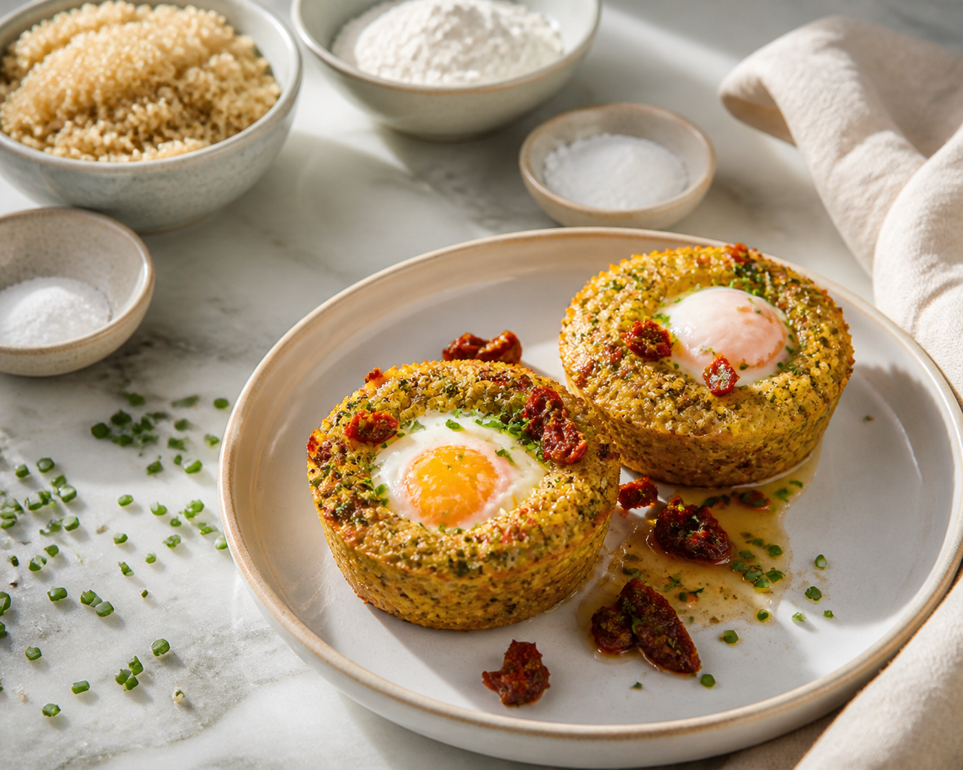 Muffins de quinoa y cebollín con mantequilla tibia de tomate seco y huevos al horno