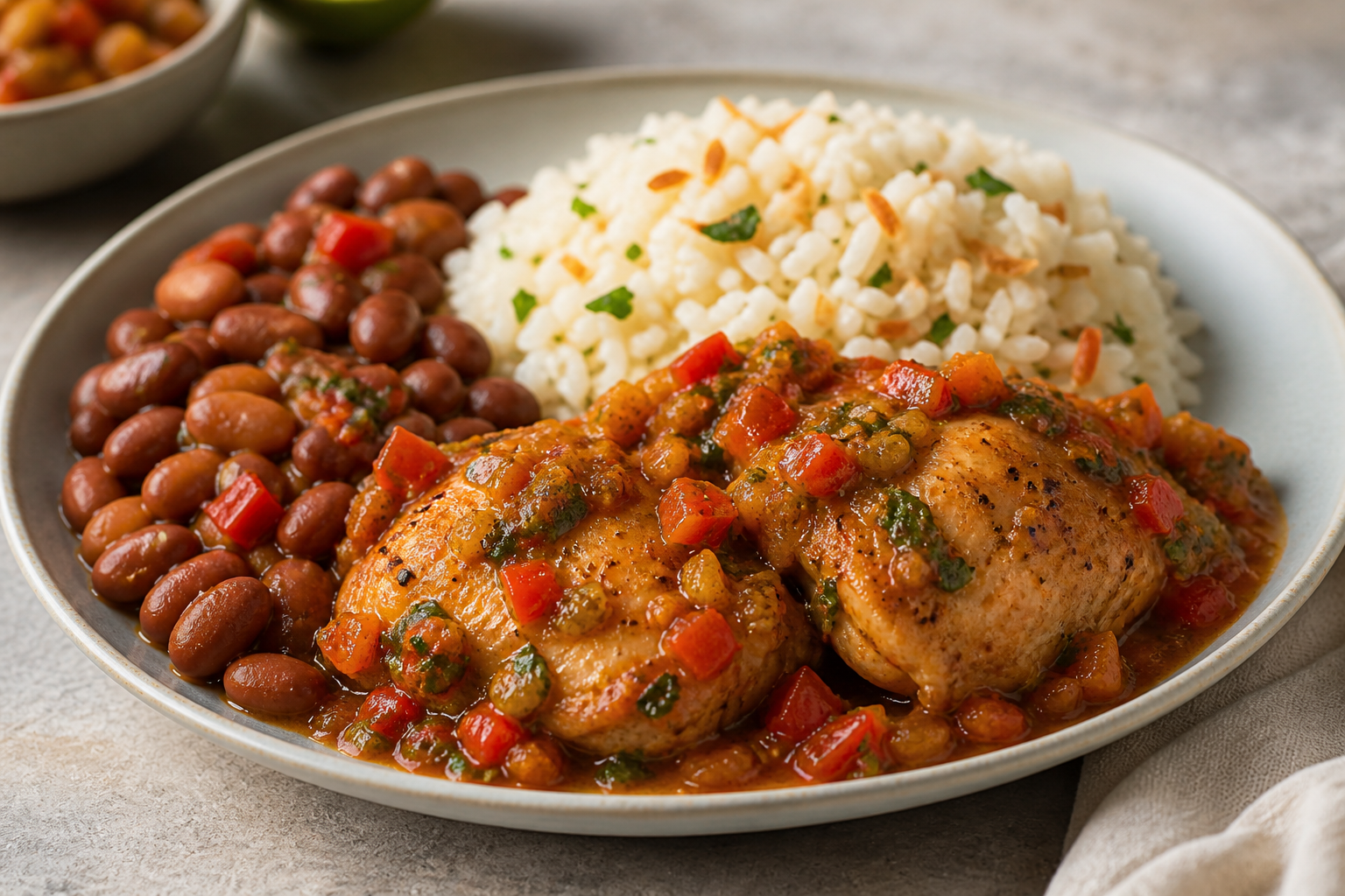 Muslos de pollo al sofrito de ají dulce y lima con arroz tostado de coco y frijoles canela