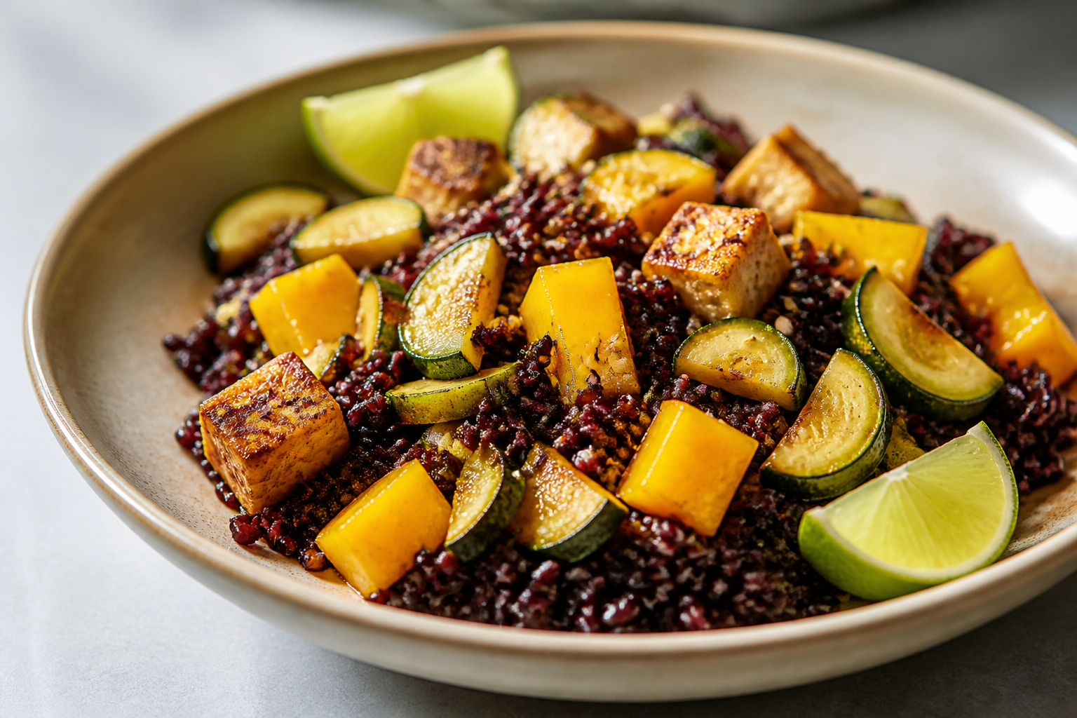Ensalada tibia de arroz negro con calabacín tostado, mango sellado, tofu crujiente y aderezo de lima y sésamo