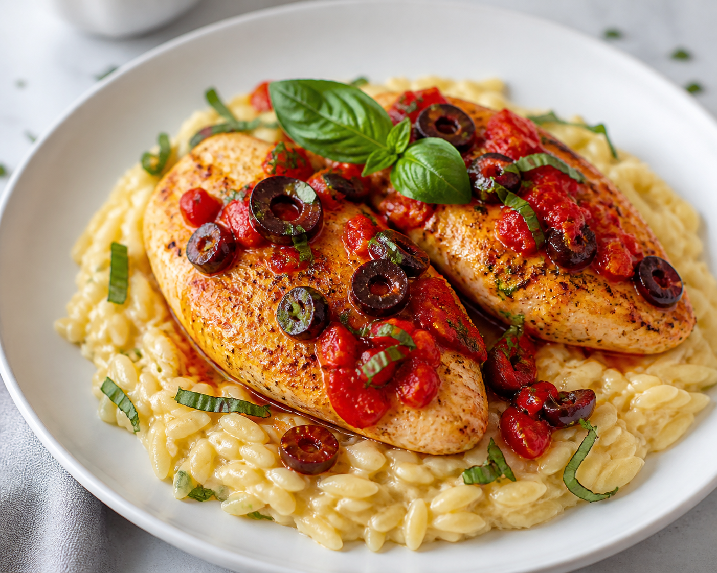Pollo al horno con salsa de pimiento rojo asado, aceitunas y albahaca sobre orzo cremoso de limón