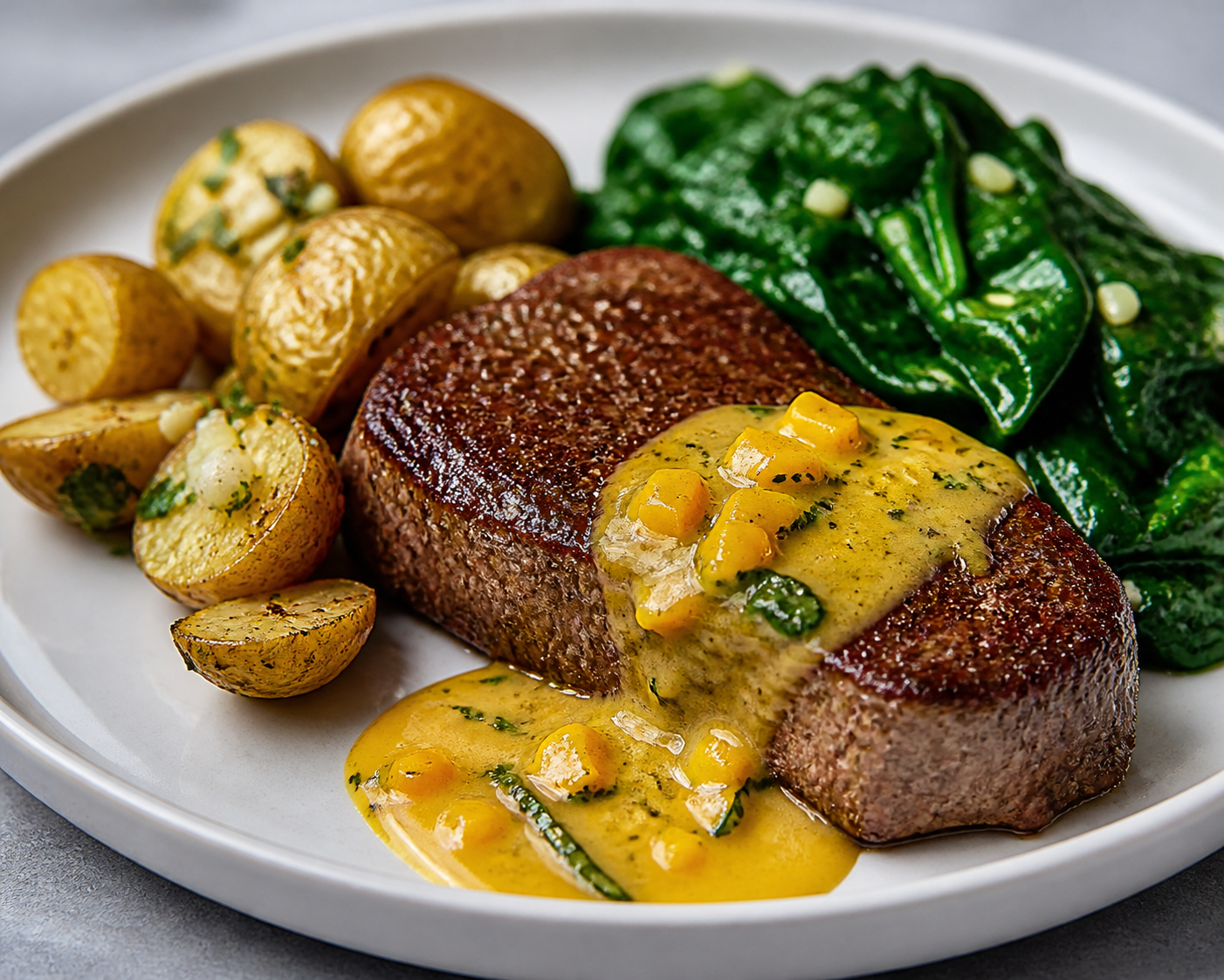 Bistec de Res con Salsa de Pimiento Amarillo y Albahaca, Papas Doradas al Ajo y Espinacas Salteadas