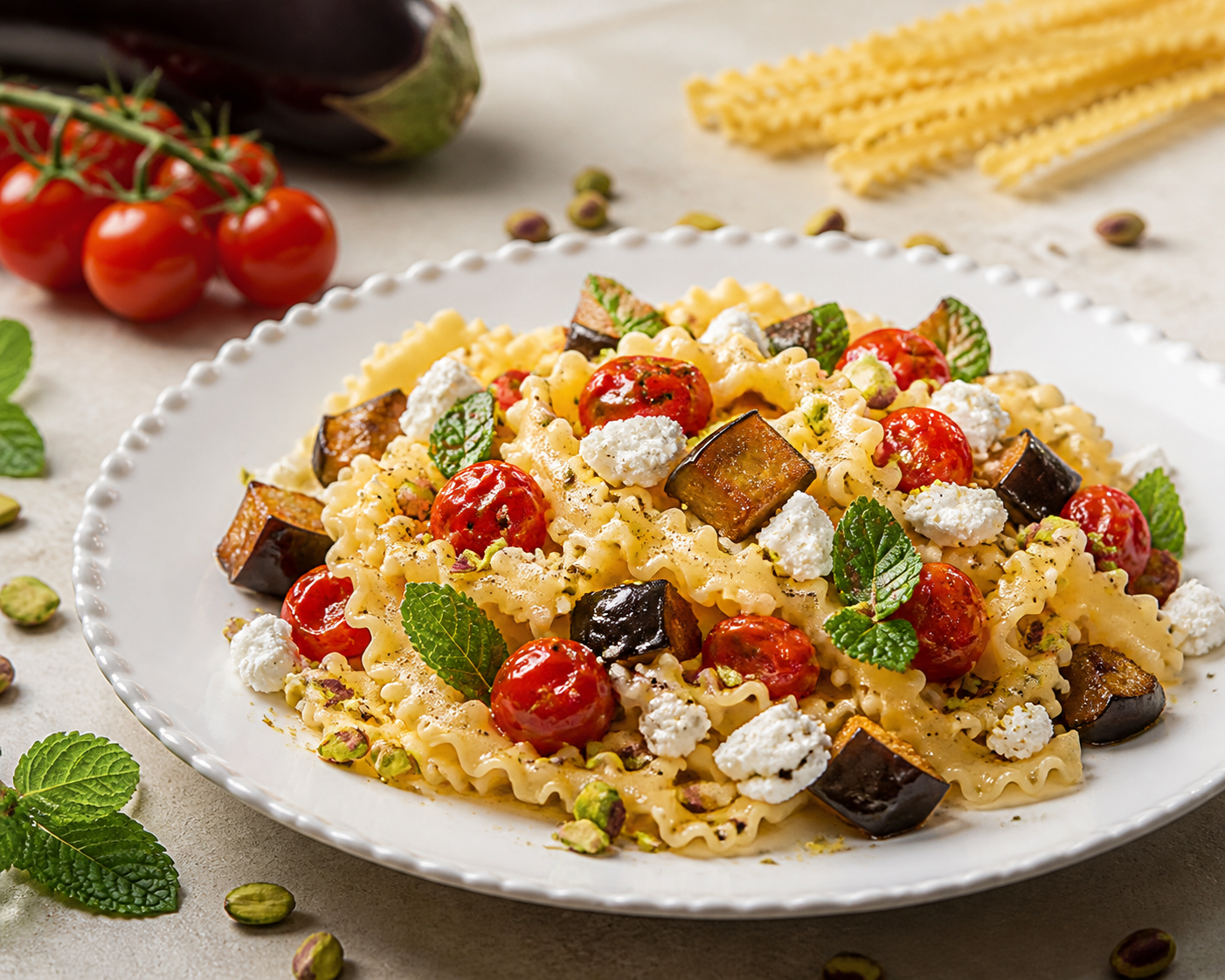 Creamy reginette with roasted eggplant, confit cherry tomatoes and ricotta salata with mint and pistachio