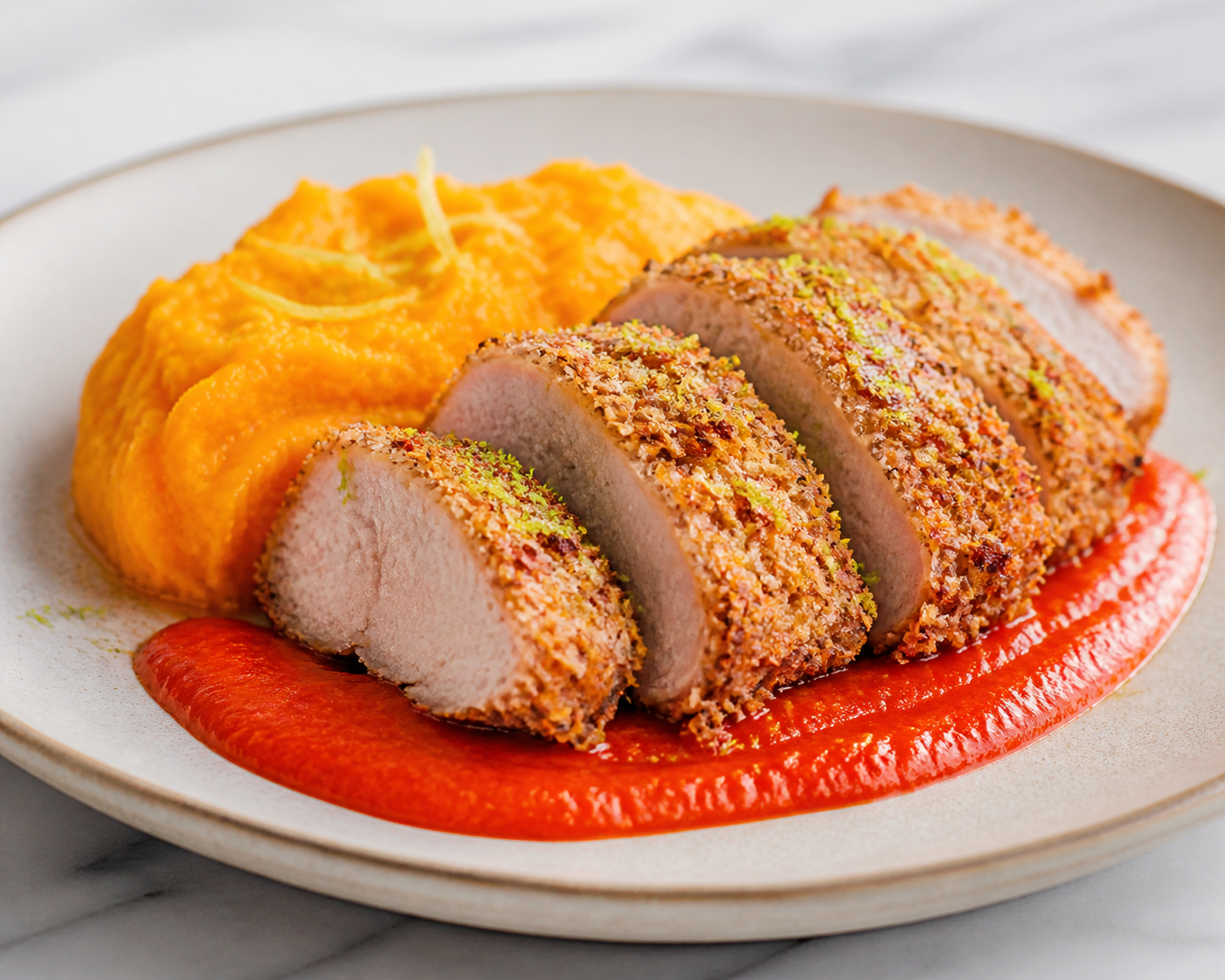 Pork Tenderloin with Coconut-Lime Crust, Roasted Red Pepper Sauce, and Ginger Sweet Potato Mash