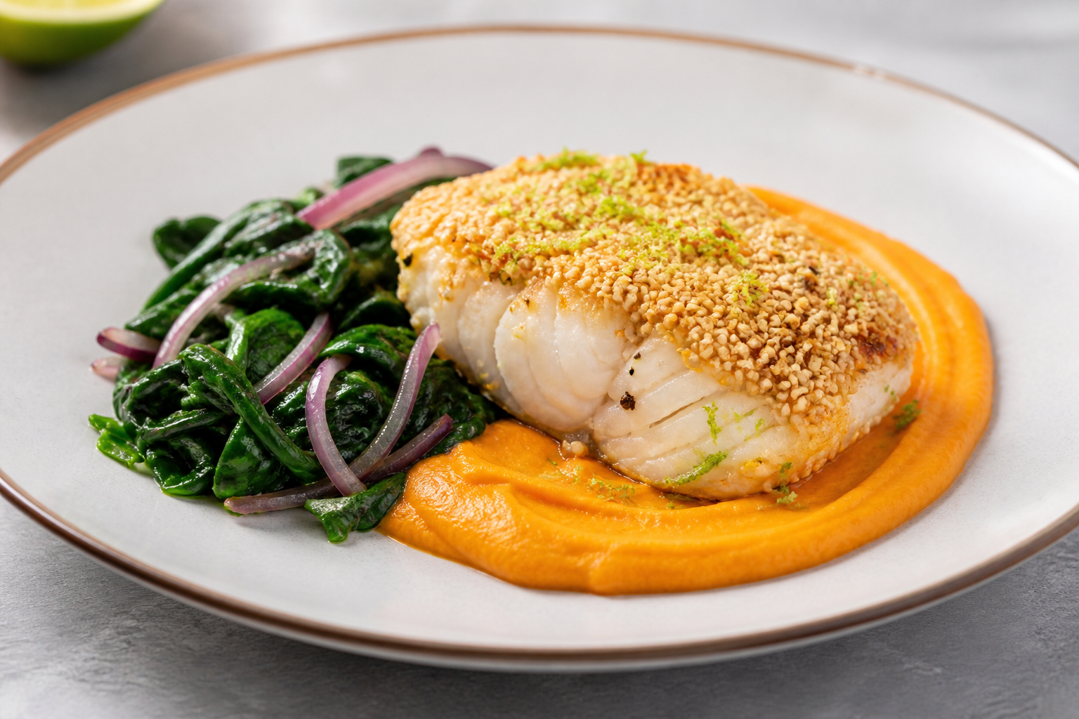 Roasted Fish with Sesame-Lime Crust, Warm Sweet Potato Ginger Cream, and Sautéed Spinach with Red Onion