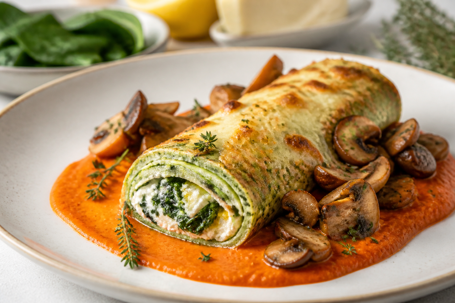 Gratinated spinach crepe roll with lemon ricotta, thyme mushrooms and roasted pepper sauce