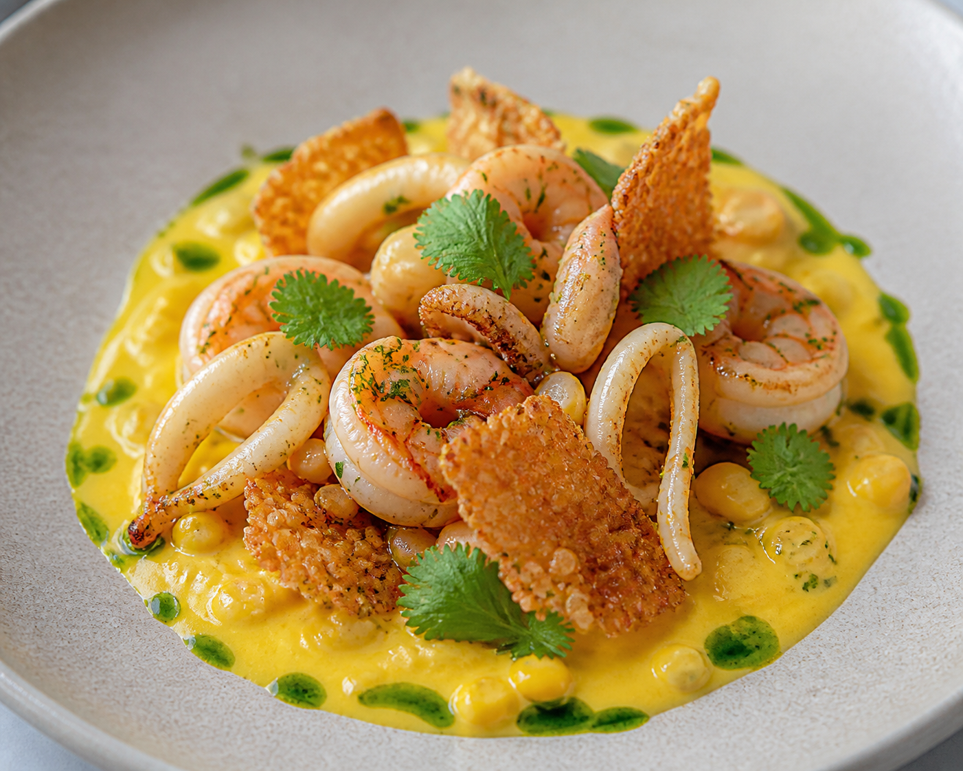 Seafood Sauté of Shrimp and Squid with Warm Lemon Corn Cream, Crispy Rice, and Cilantro Oil