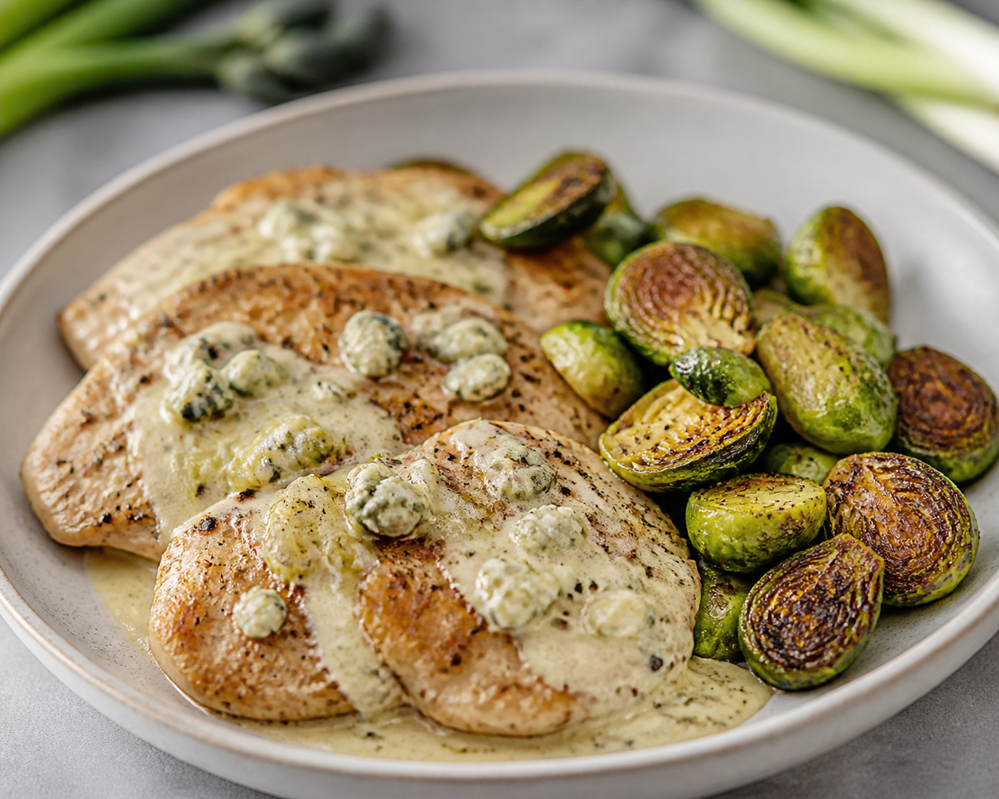 Keto Turkey Skillet with Blue Cheese-Leek Cream and Roasted Brussels Sprouts