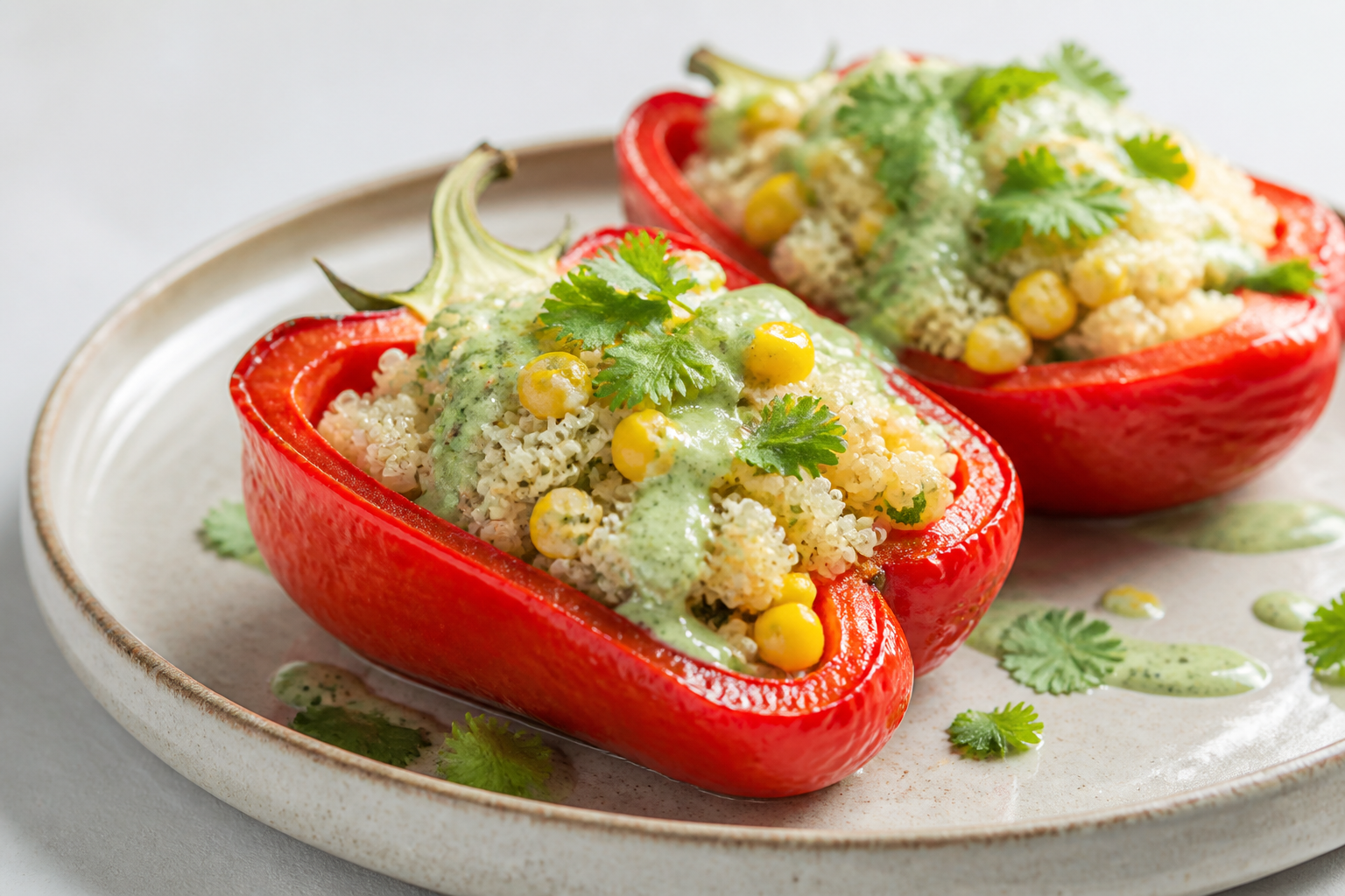 Pimientos asados rellenos de quinoa cremosa al cilantro con salsa de maíz dulce y lima