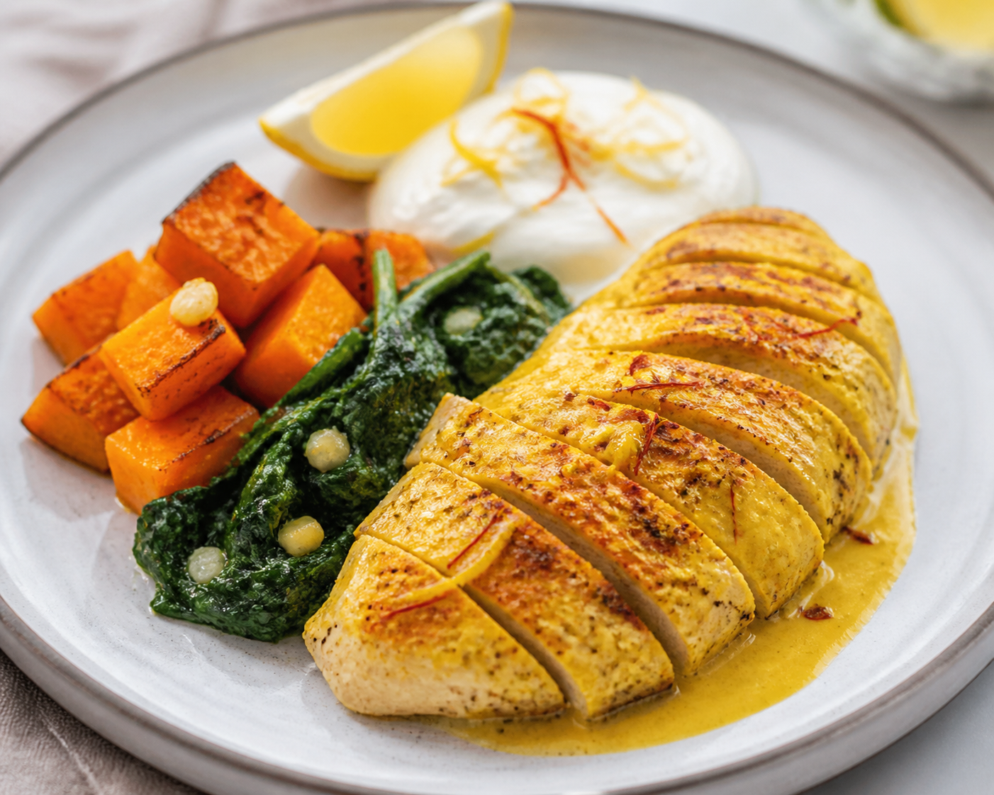 Pollo al azafrán con calabaza asada, espinaca salteada y salsa de yogur al limón