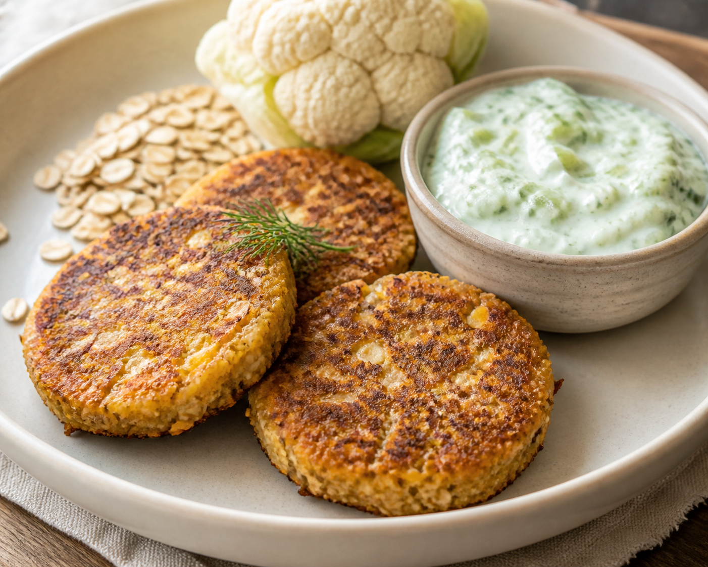 Tortitas Económicas de Coliflor, Avena y Queso con Salsa Rústica de Pepino