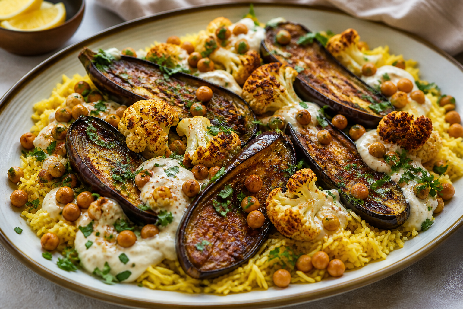 Bandeja tibia de berenjena especiada con arroz de azafrán, garbanzos al limón y crema de coliflor asada