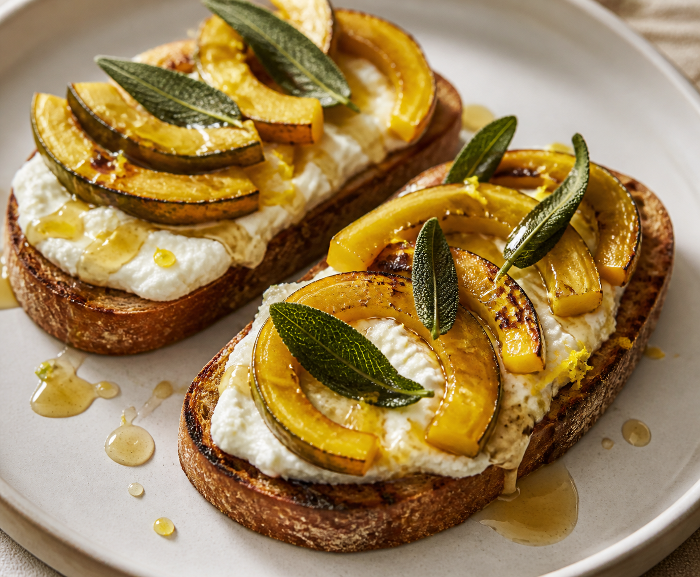 Tostadas exprés de ricotta al limón con calabaza crujiente, salvia y miel picante