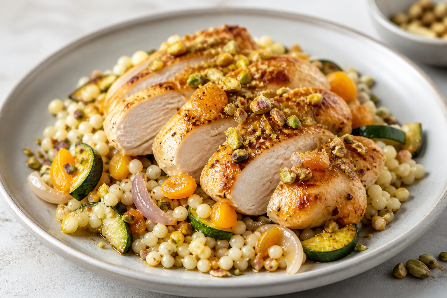 Cuscús perlado exprés con pollo al albaricoque y limón, calabacín salteado y pistachos
