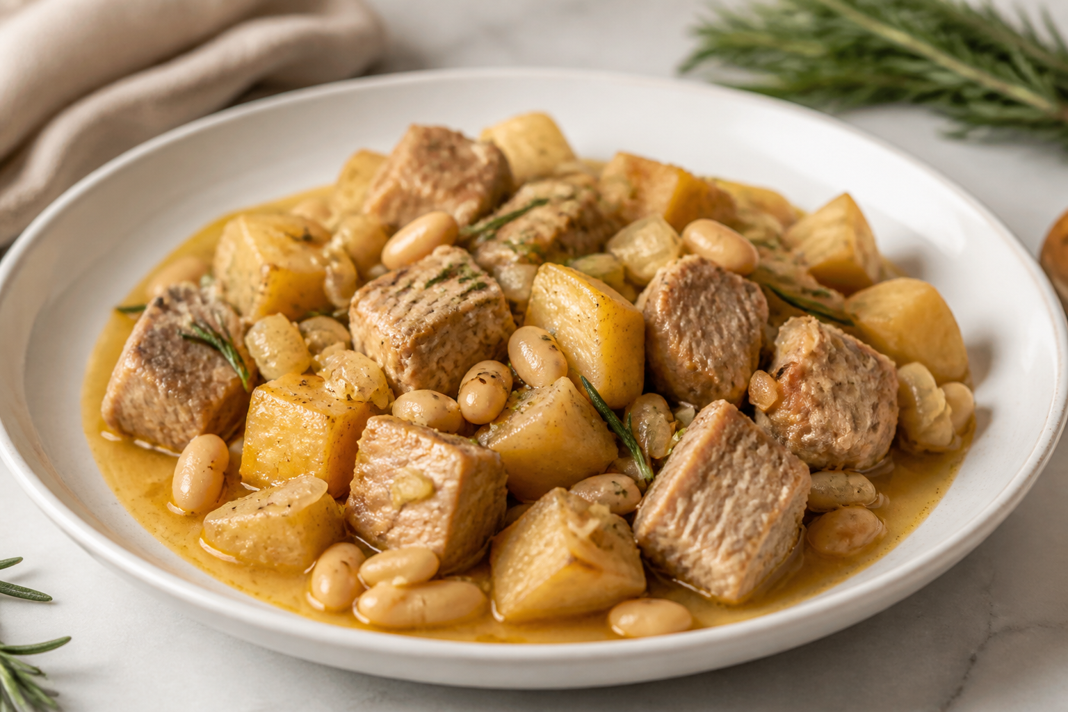 Slow Cooker Pork with Parsnips, Cannellini Beans and a Gentle Orange, Rosemary and Olive Sauce
