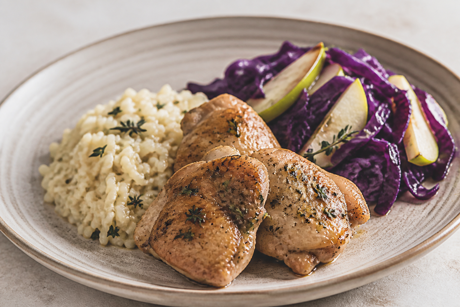 Instant Pot de pollo con col lombarda, manzana verde y arroz cremoso de mostaza y tomillo