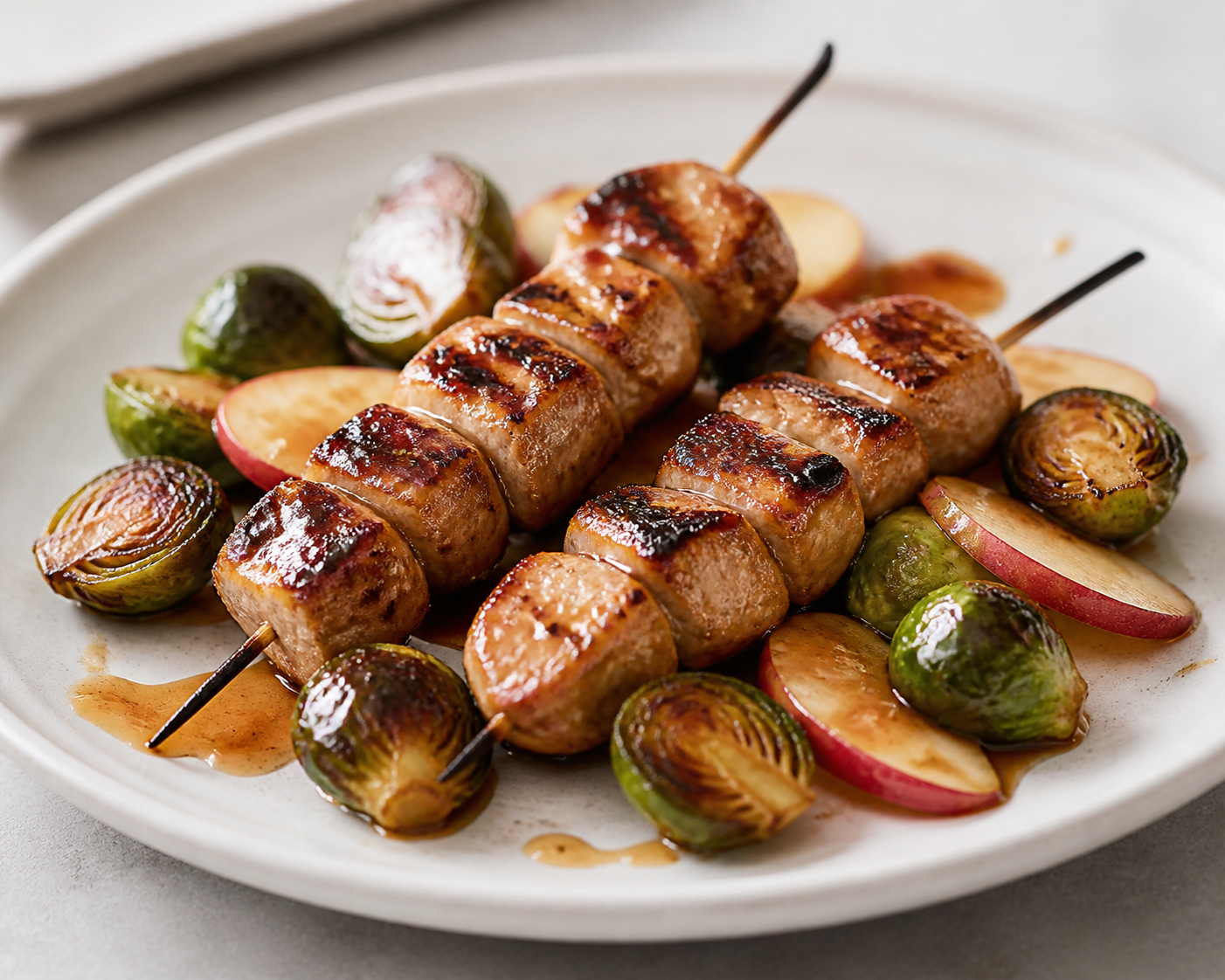 Grilled Pork Skewers with Brussels Sprouts, Red Apple, and Miso-Maple-Ginger Marinade