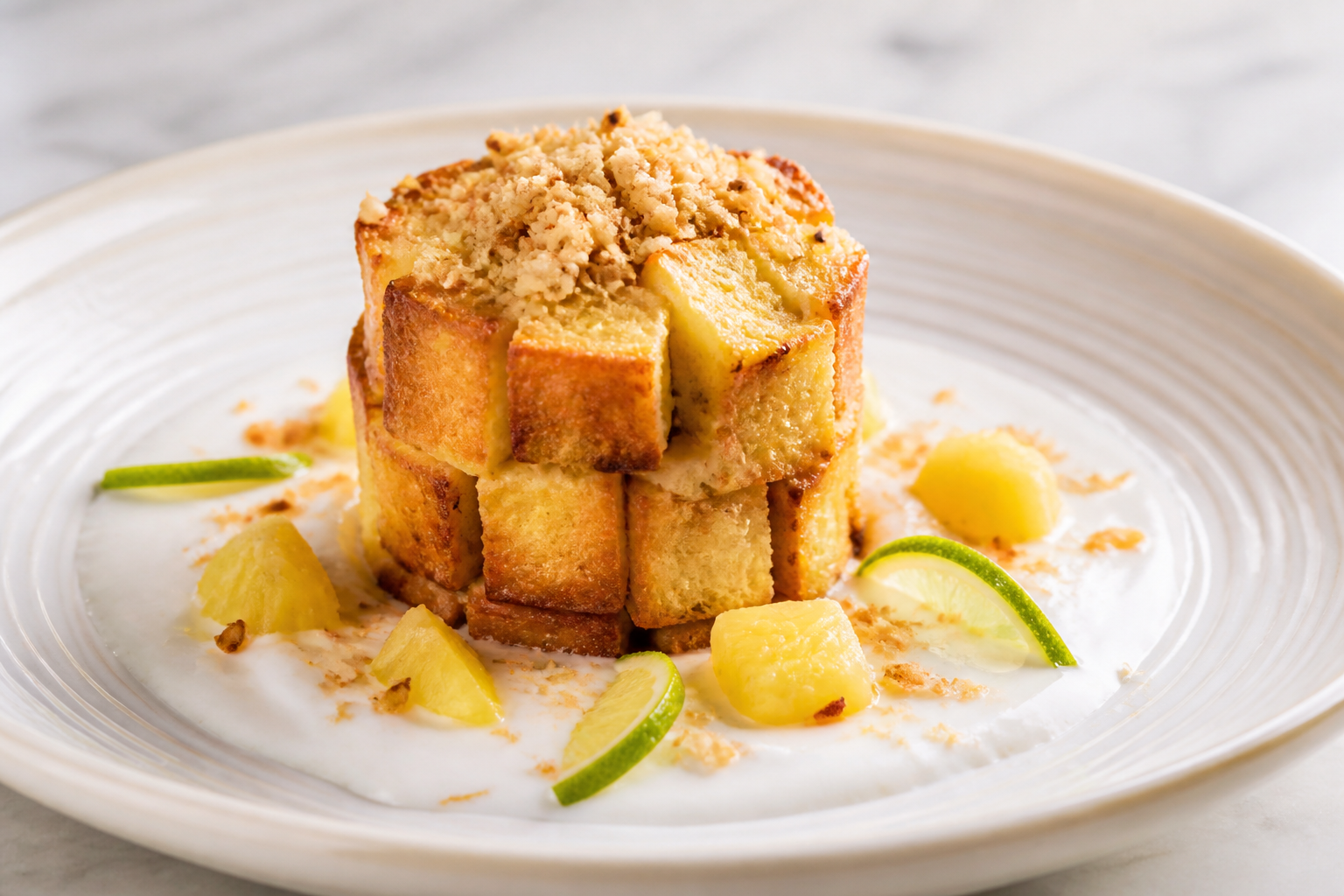 Warm cardamom brioche timbale with toasted coconut cream, lime pineapple, and crunchy macadamia crumbs