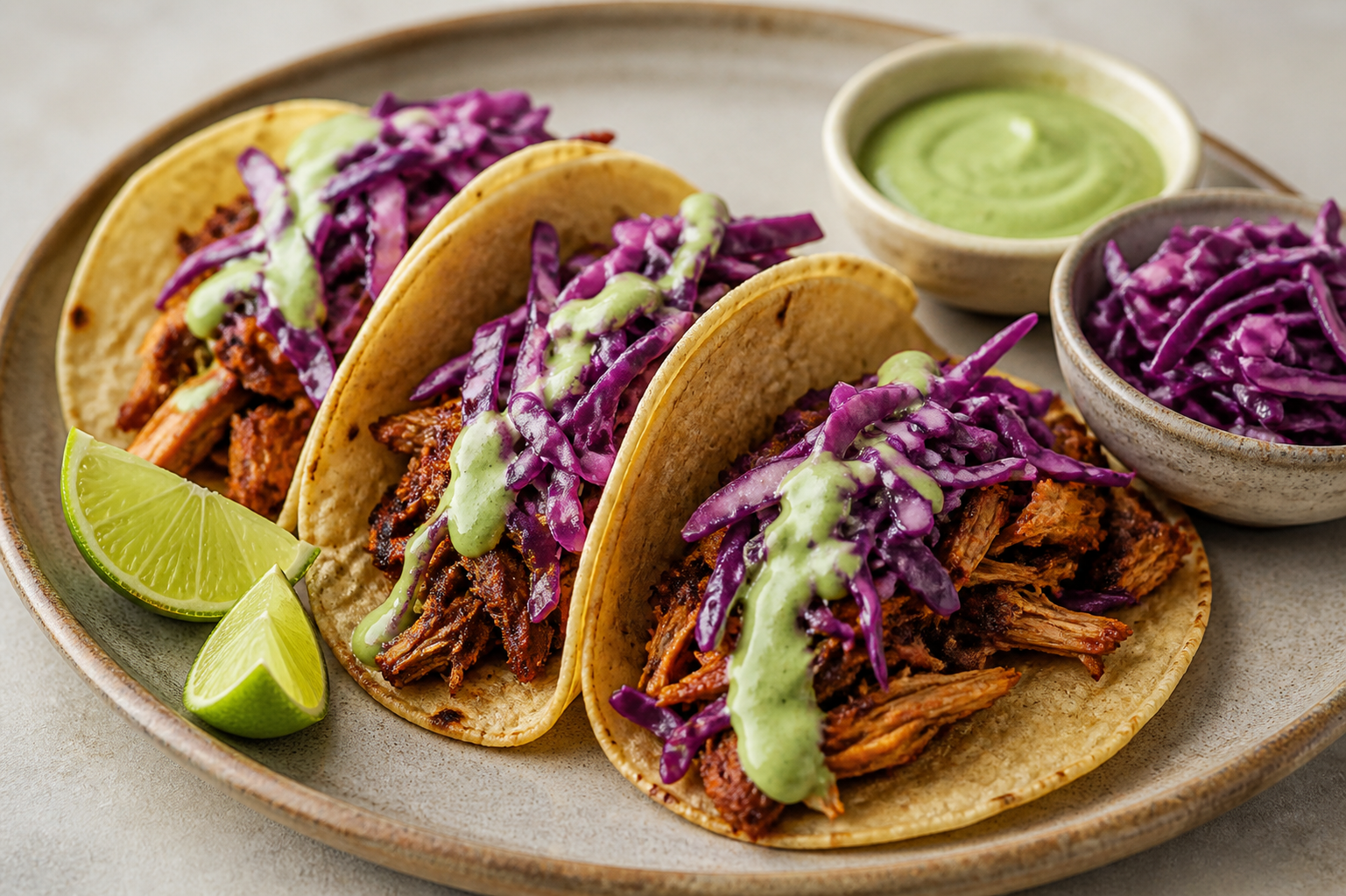 Chicken Tacos in Ancho Chile and Piloncillo Adobo with Avocado Cream and Cumin Red Cabbage Slaw